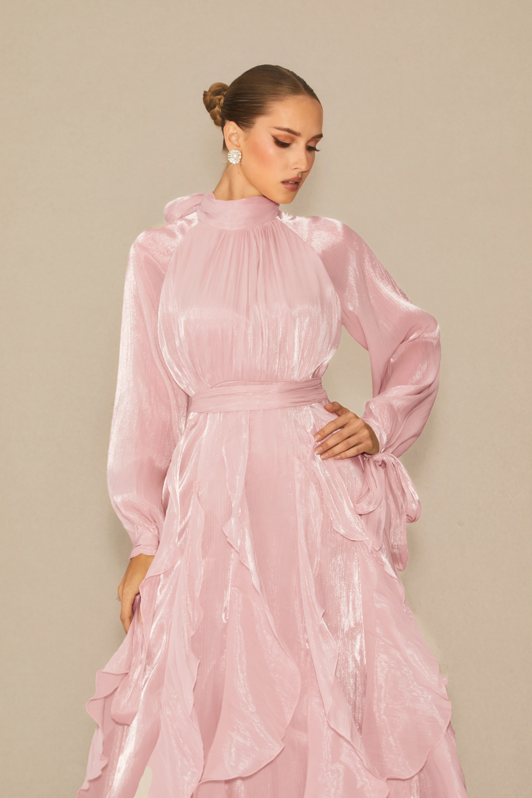 Estella Puff Sleeve Ruffle Trim Maxi Dress