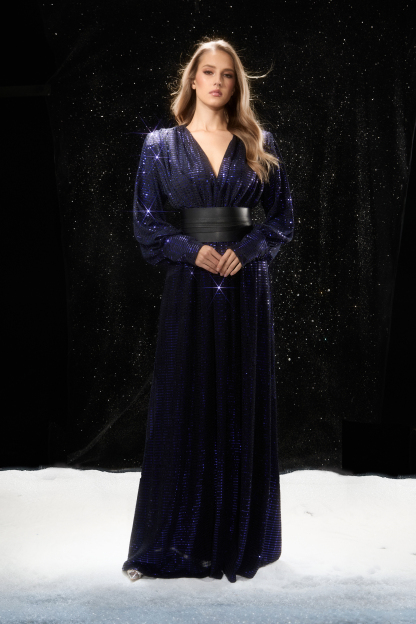 Elegant Sweetie Dark Blue Sequin V‑Neck Maxi Dress