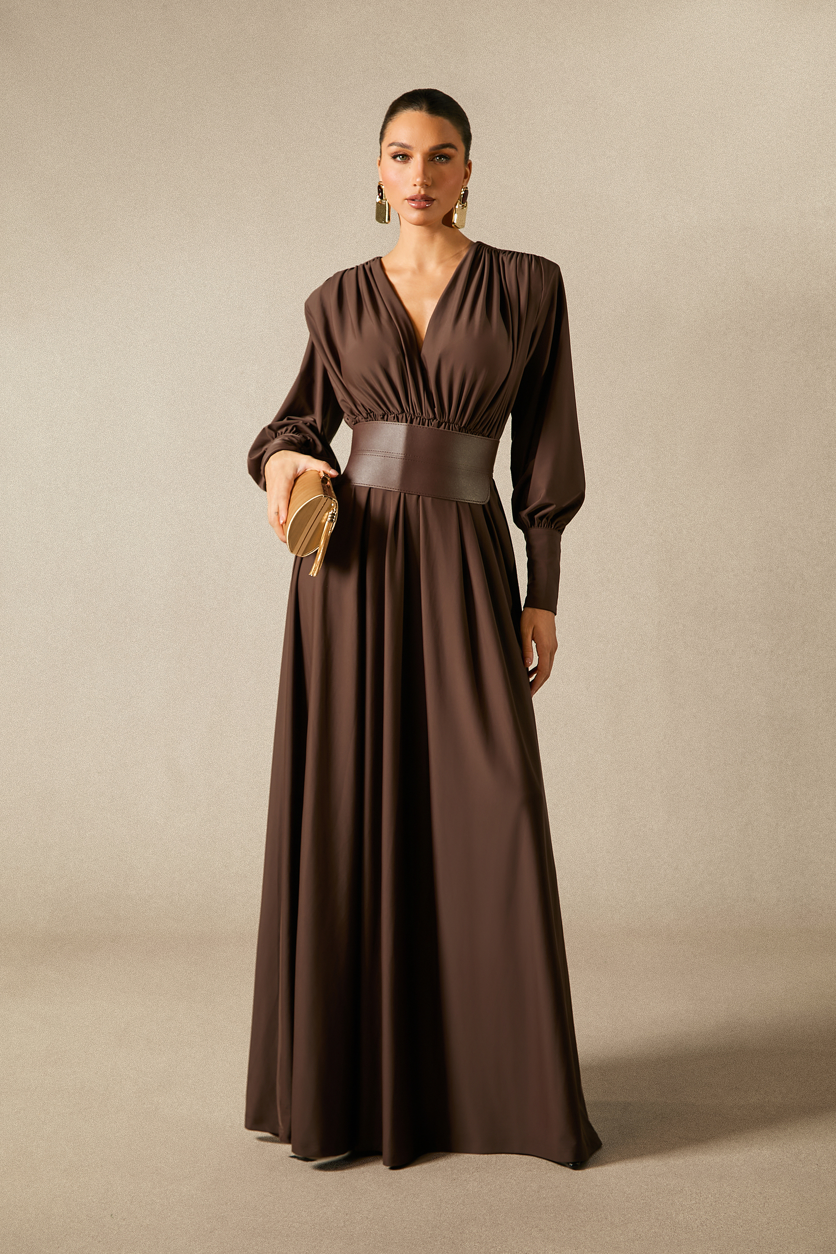 Renata Plunge Long Sleeve Maxi Dress