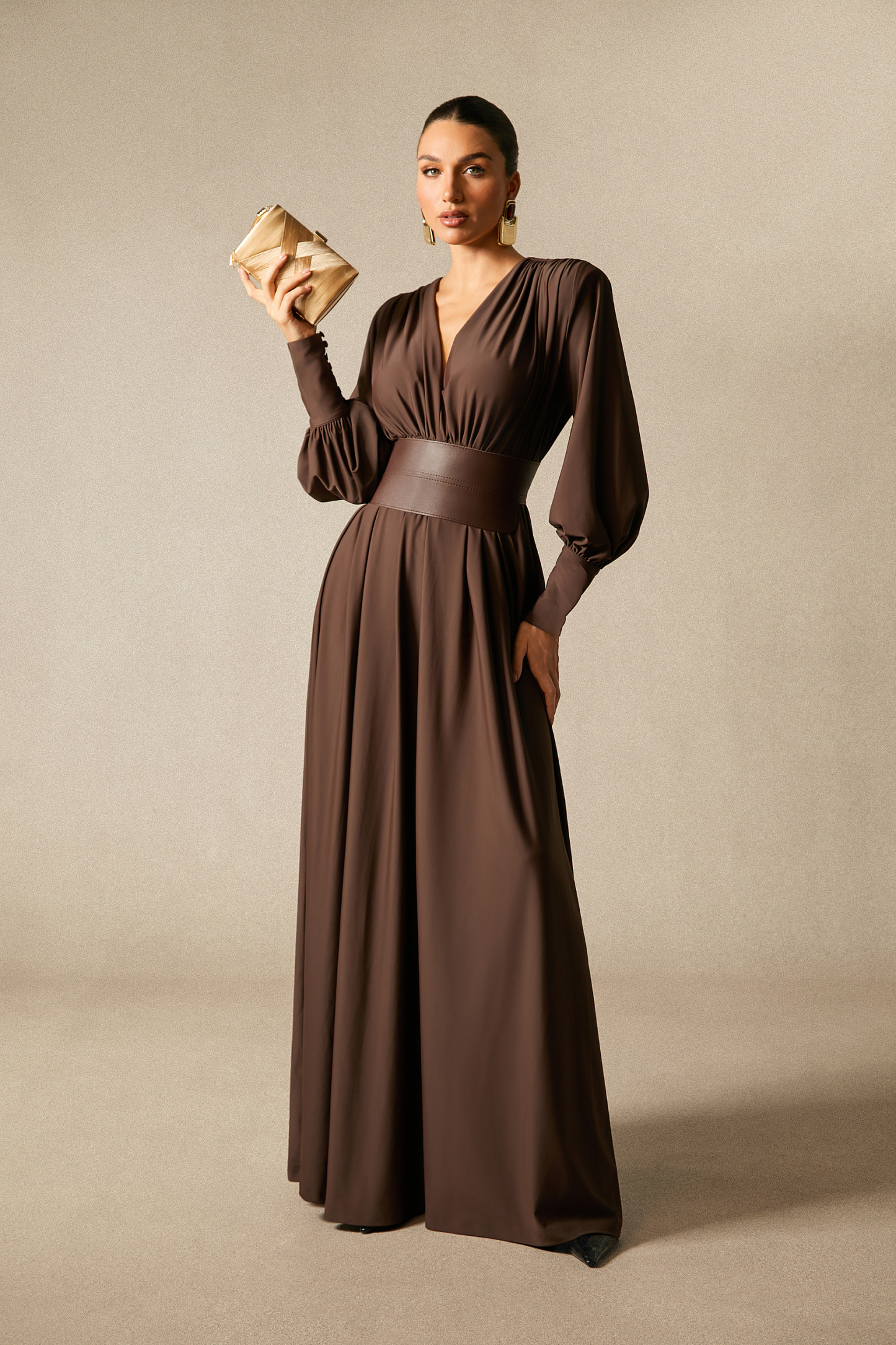 Renata Plunge Long Sleeve Maxi Dress