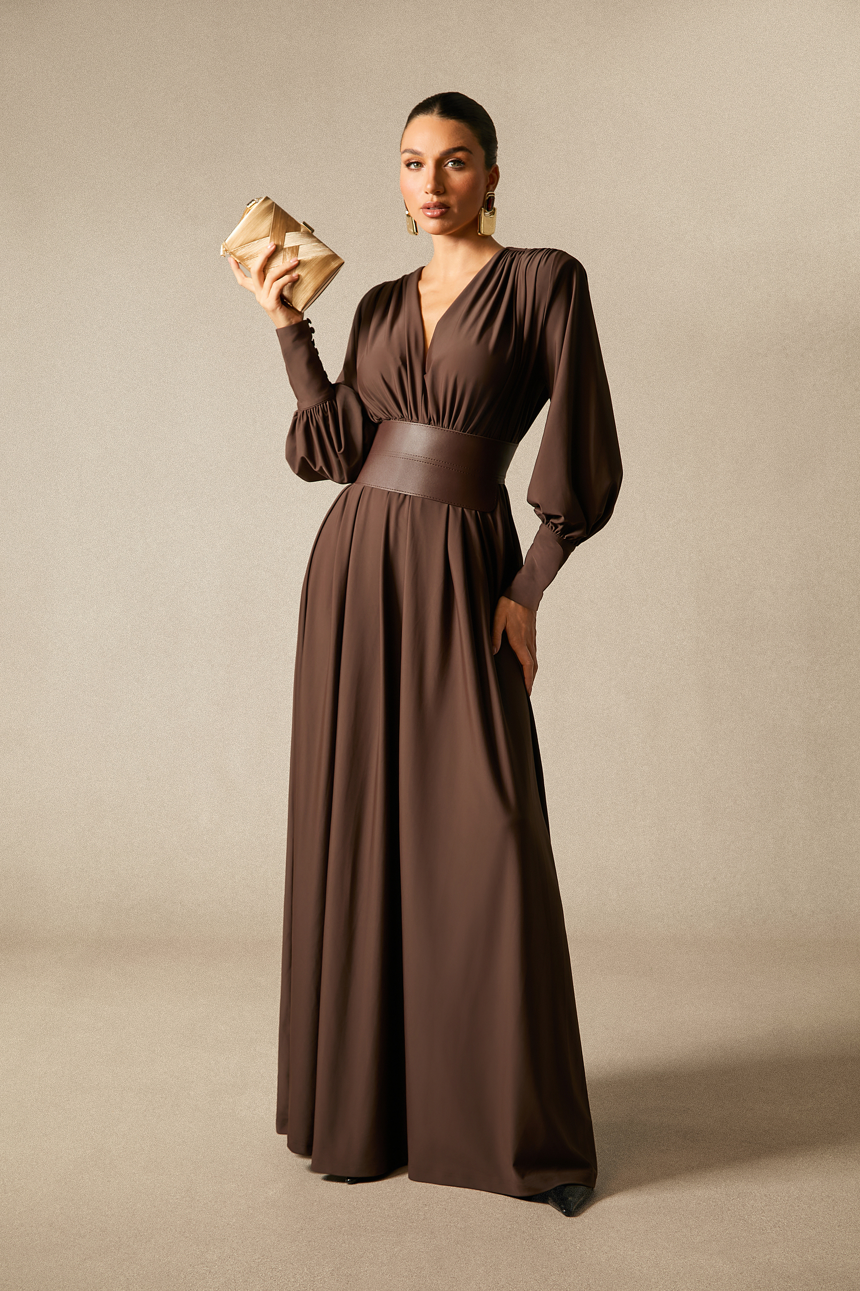 Renata Plunge Long Sleeve Maxi Dress