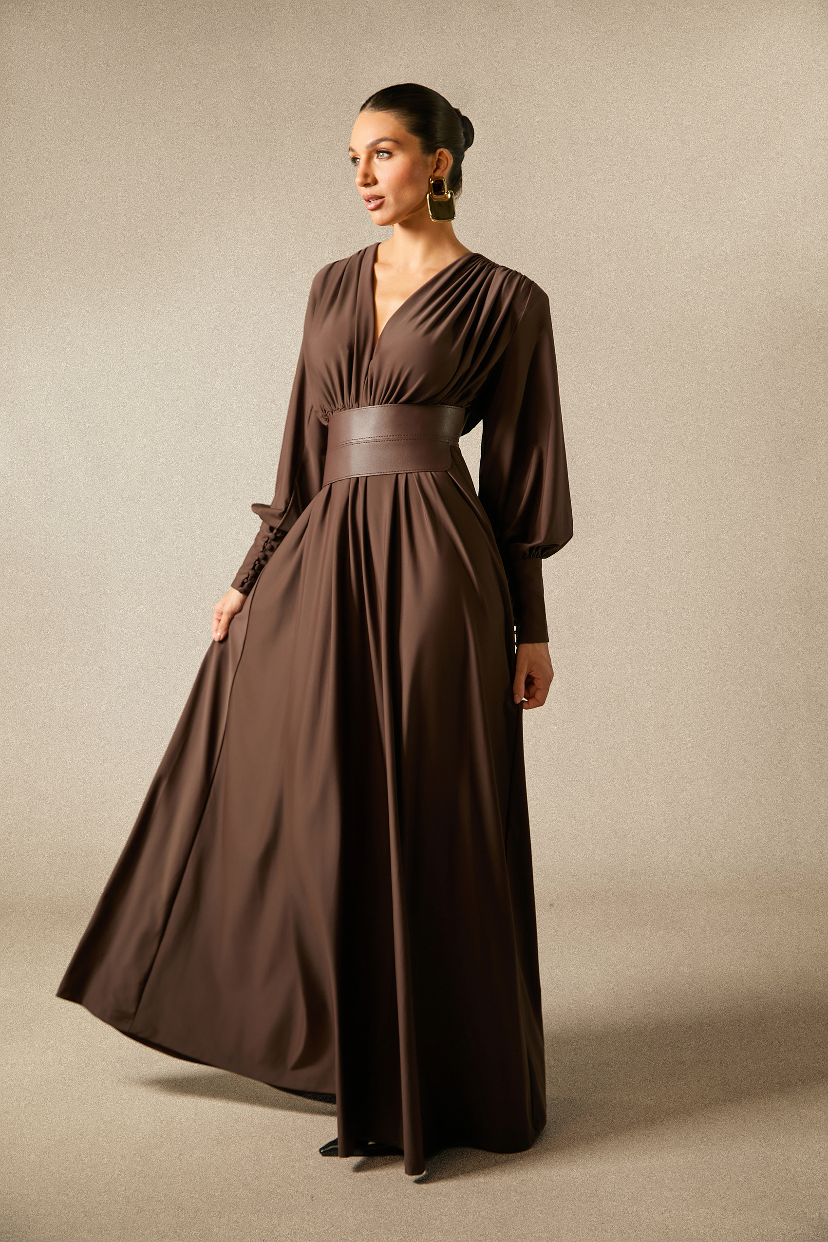 Renata Plunge Long Sleeve Maxi Dress