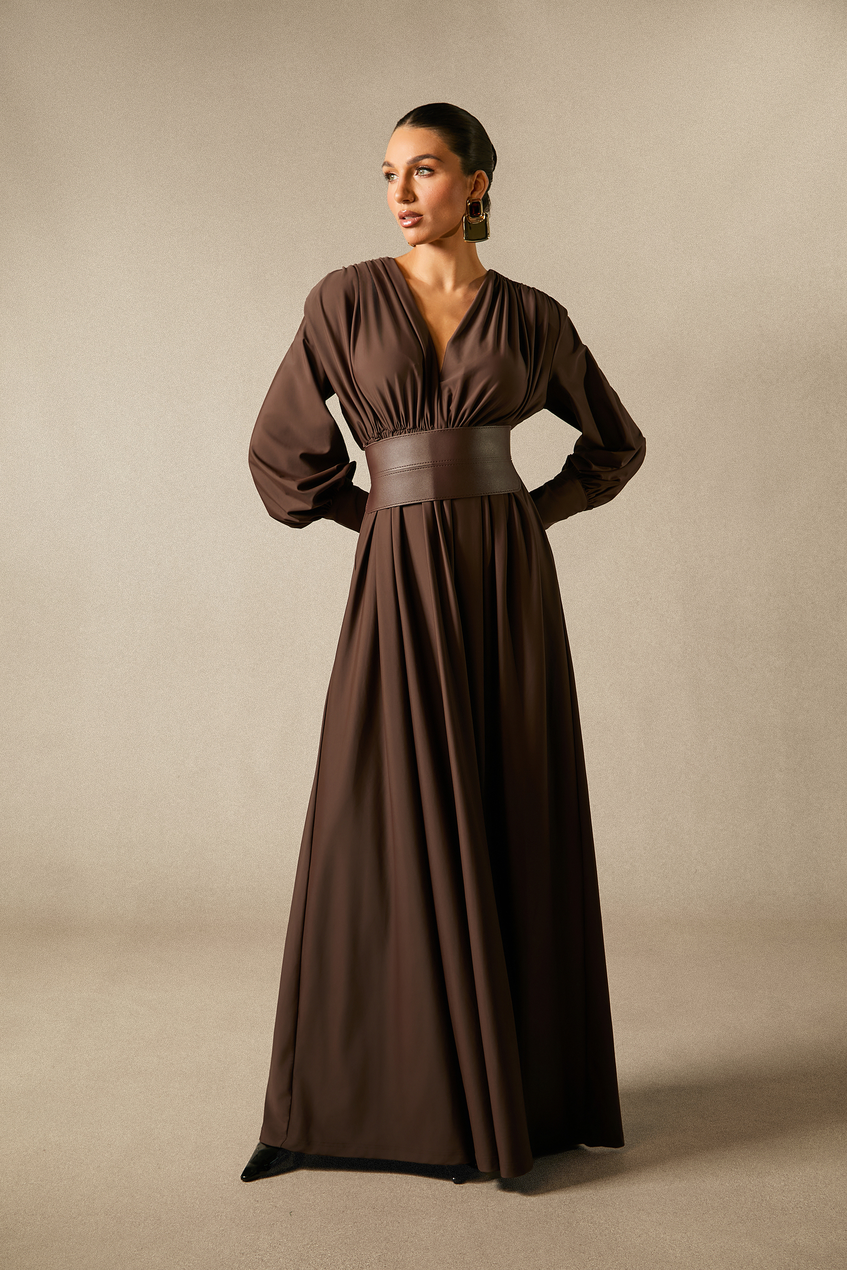 Renata Plunge Long Sleeve Maxi Dress