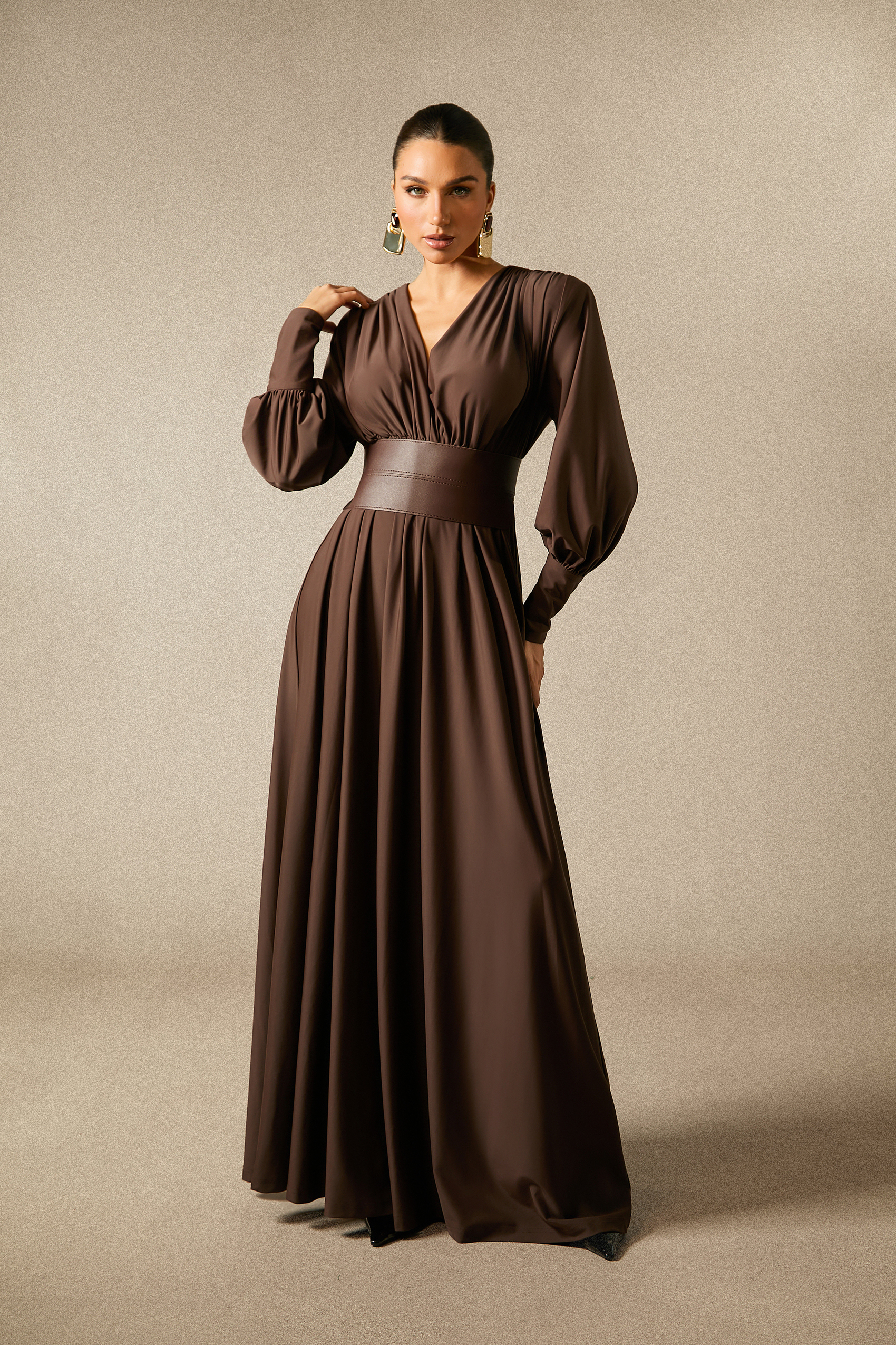 Renata Plunge Long Sleeve Maxi Dress-Sunfere