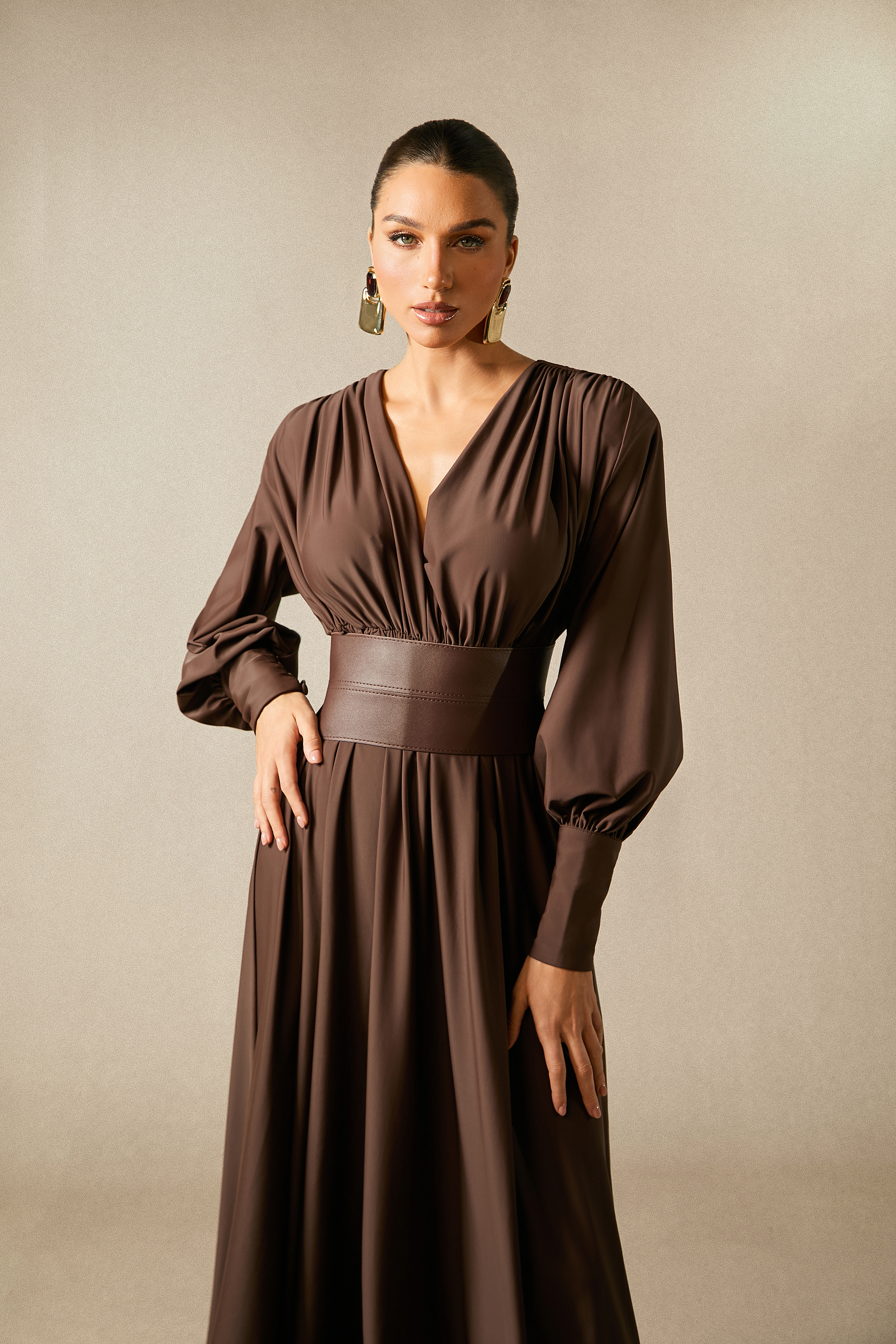 Renata Plunge Long Sleeve Maxi Dress