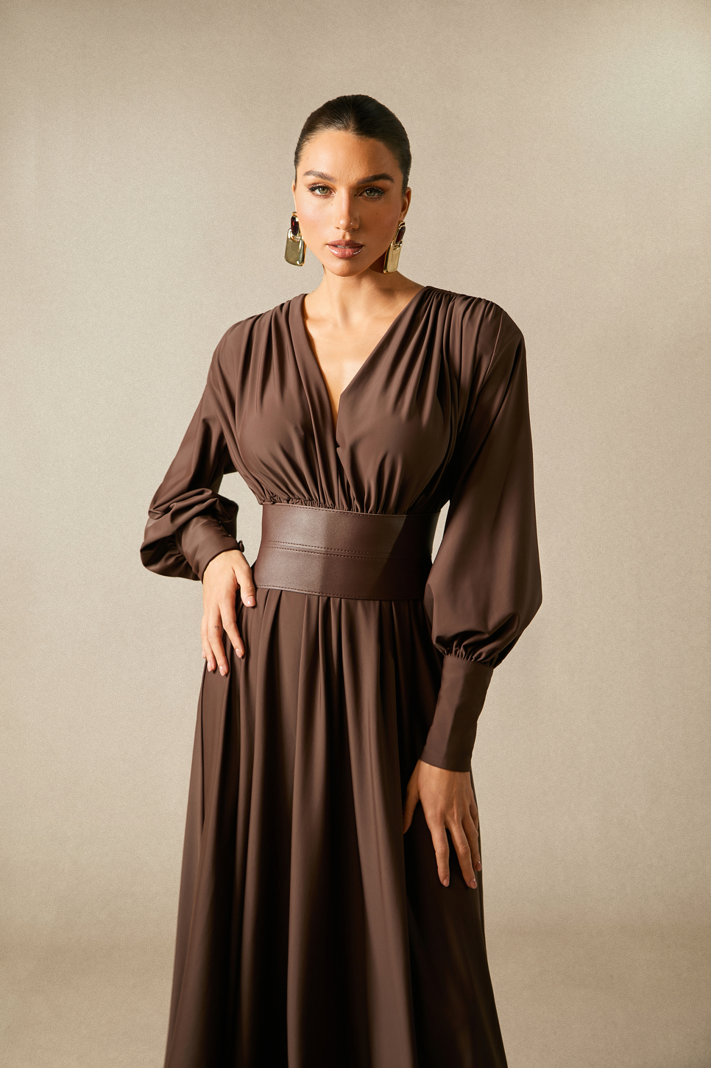 Renata Plunge Long Sleeve Maxi Dress