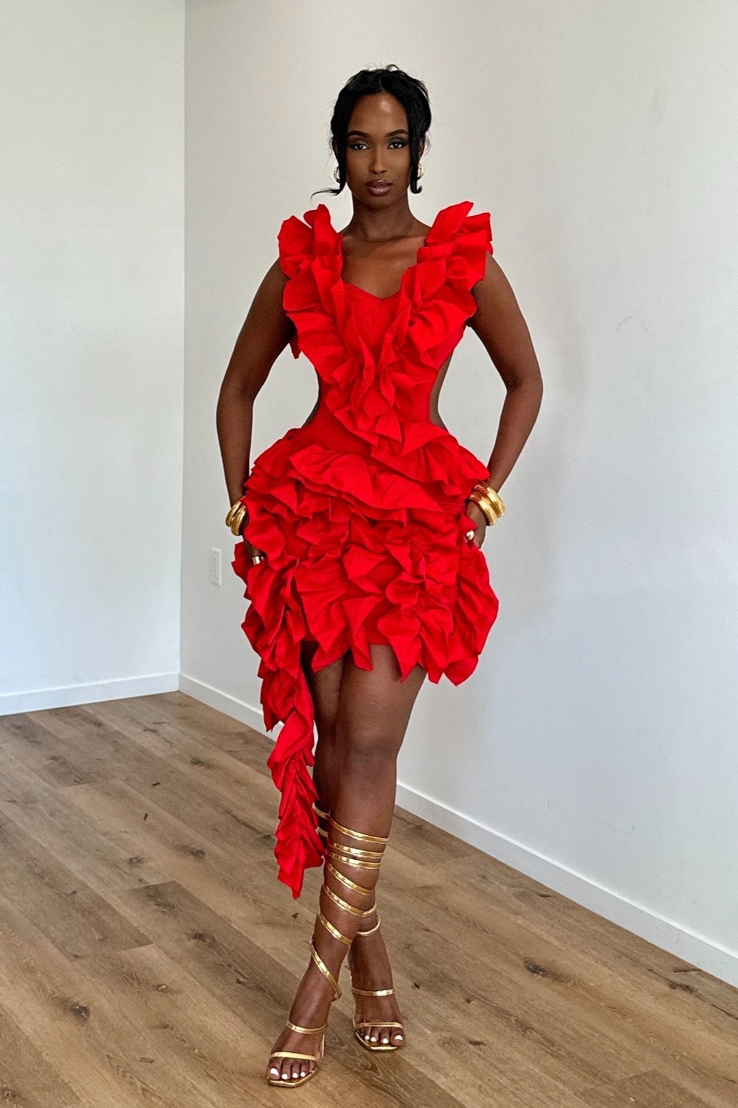 Layered Ruffle V-neck Mini Dress-Sunfere