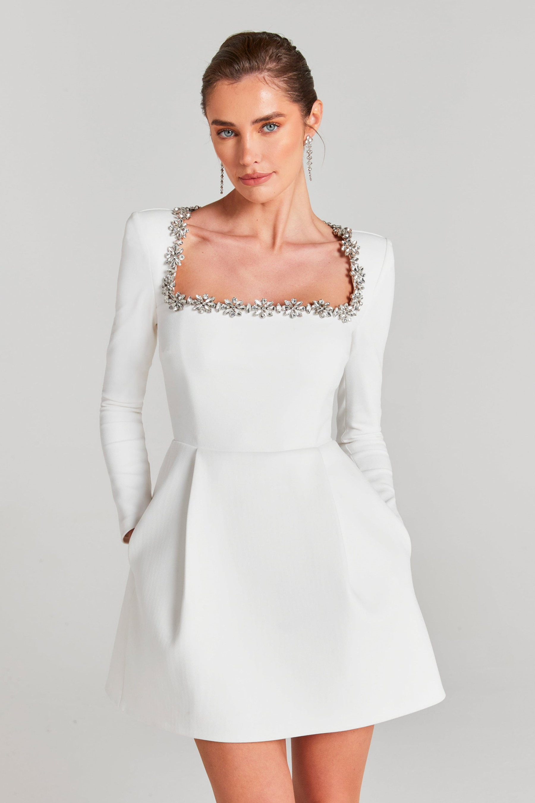 Alexia Square Collar Rhinestone Trim Mini Dress