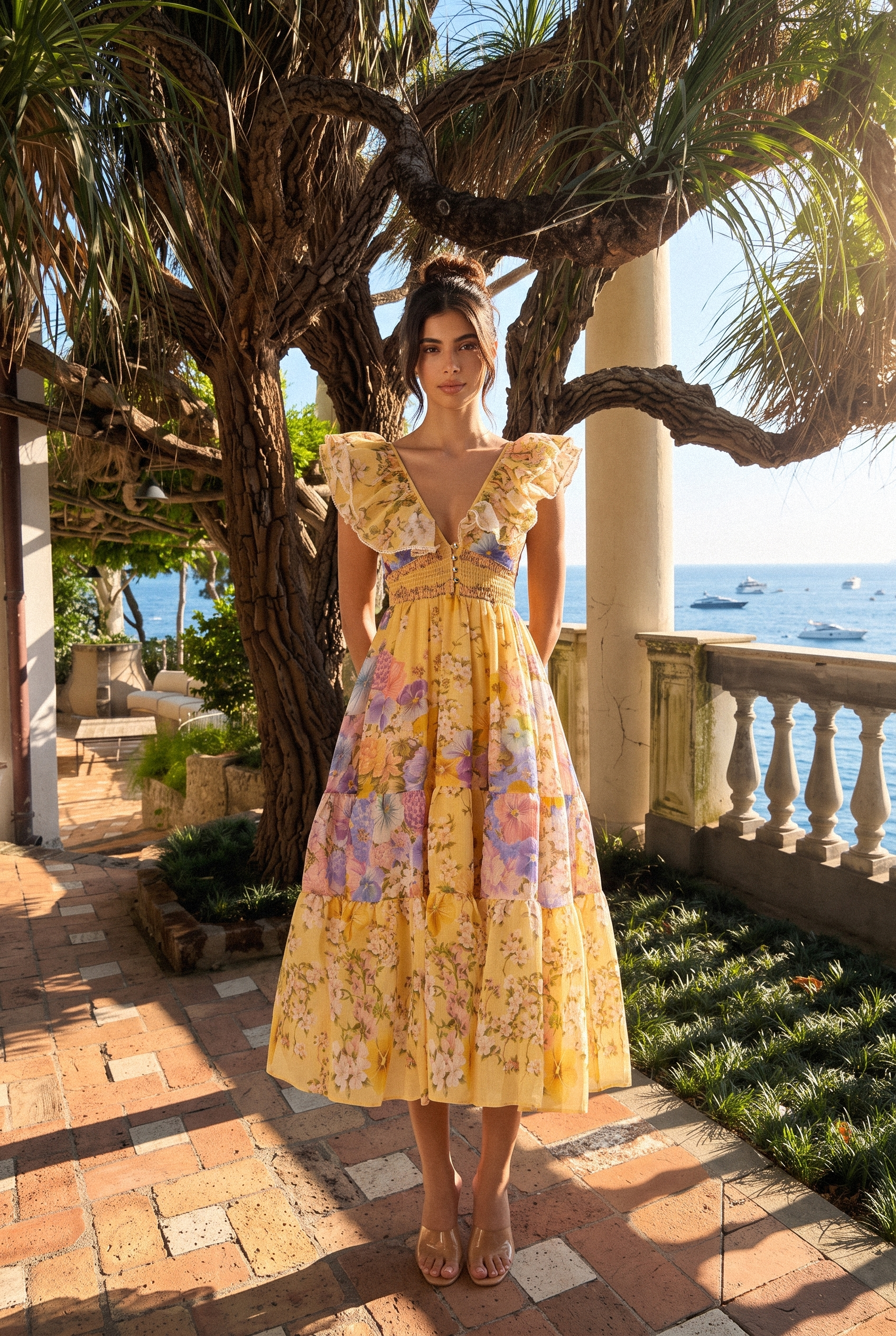 Keep The Feeling Yellow Floral V-Neck Ruffled Midi Dress