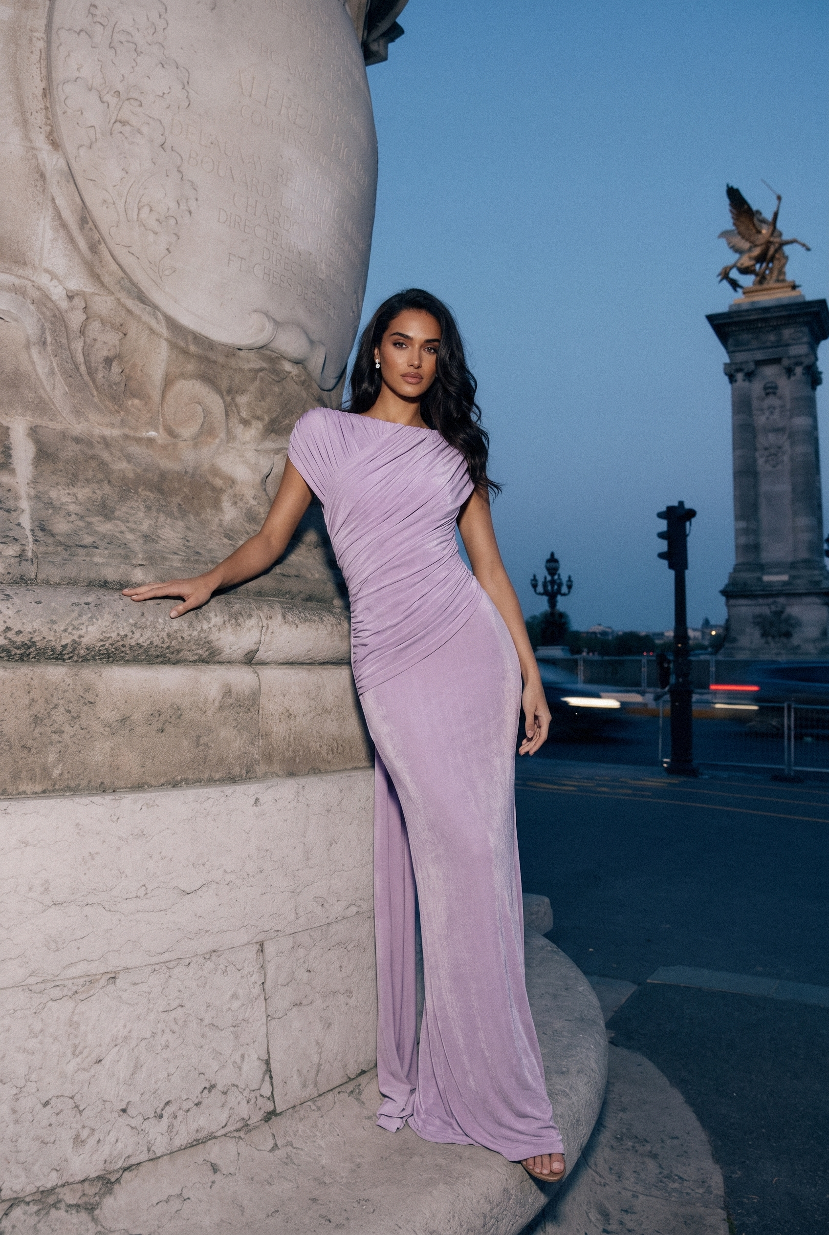 Lavender Nights Purple One Shoulder Ruched Maxi Dress