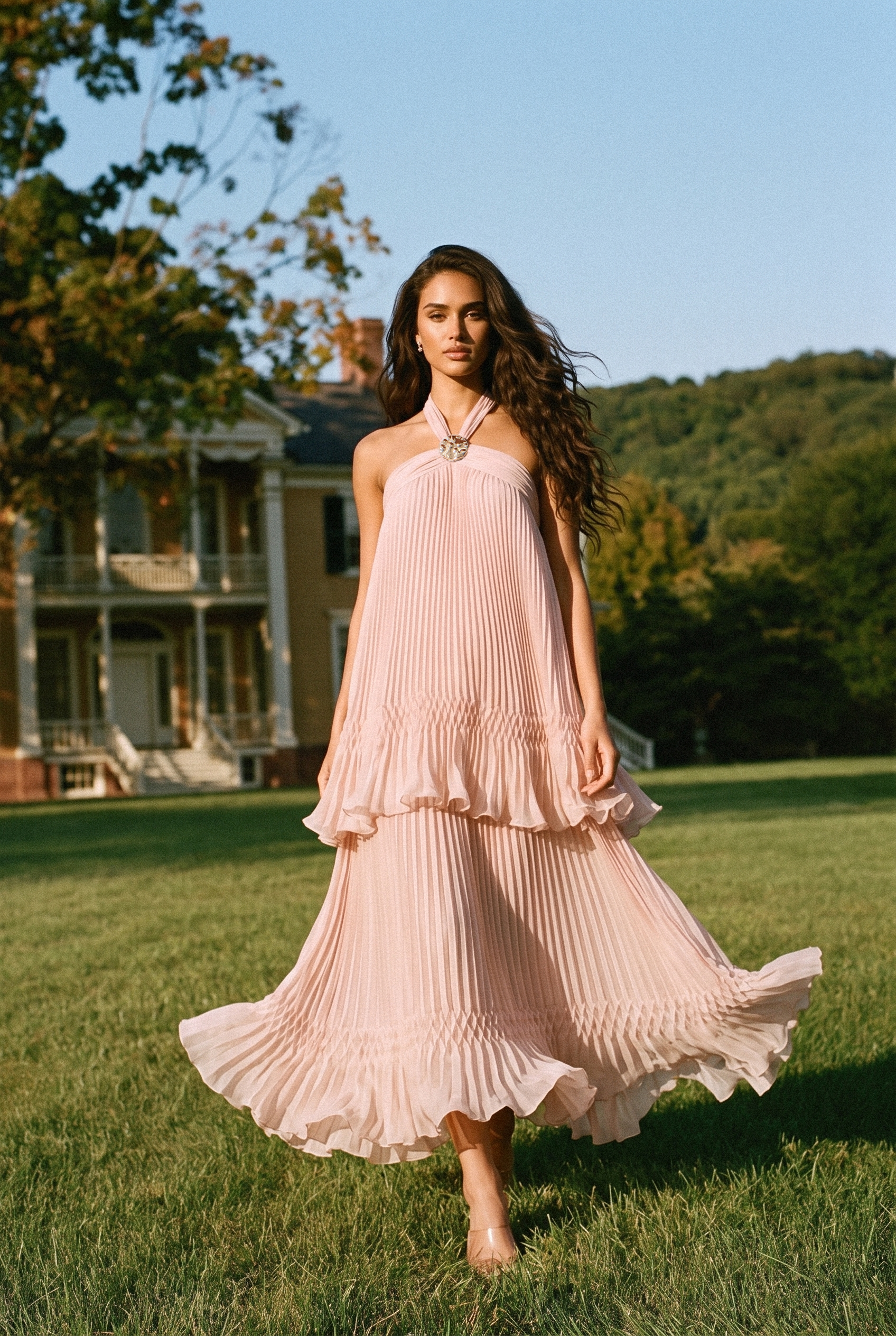 Light Party Moment Pink Halter Neck Pleated Maxi Dress