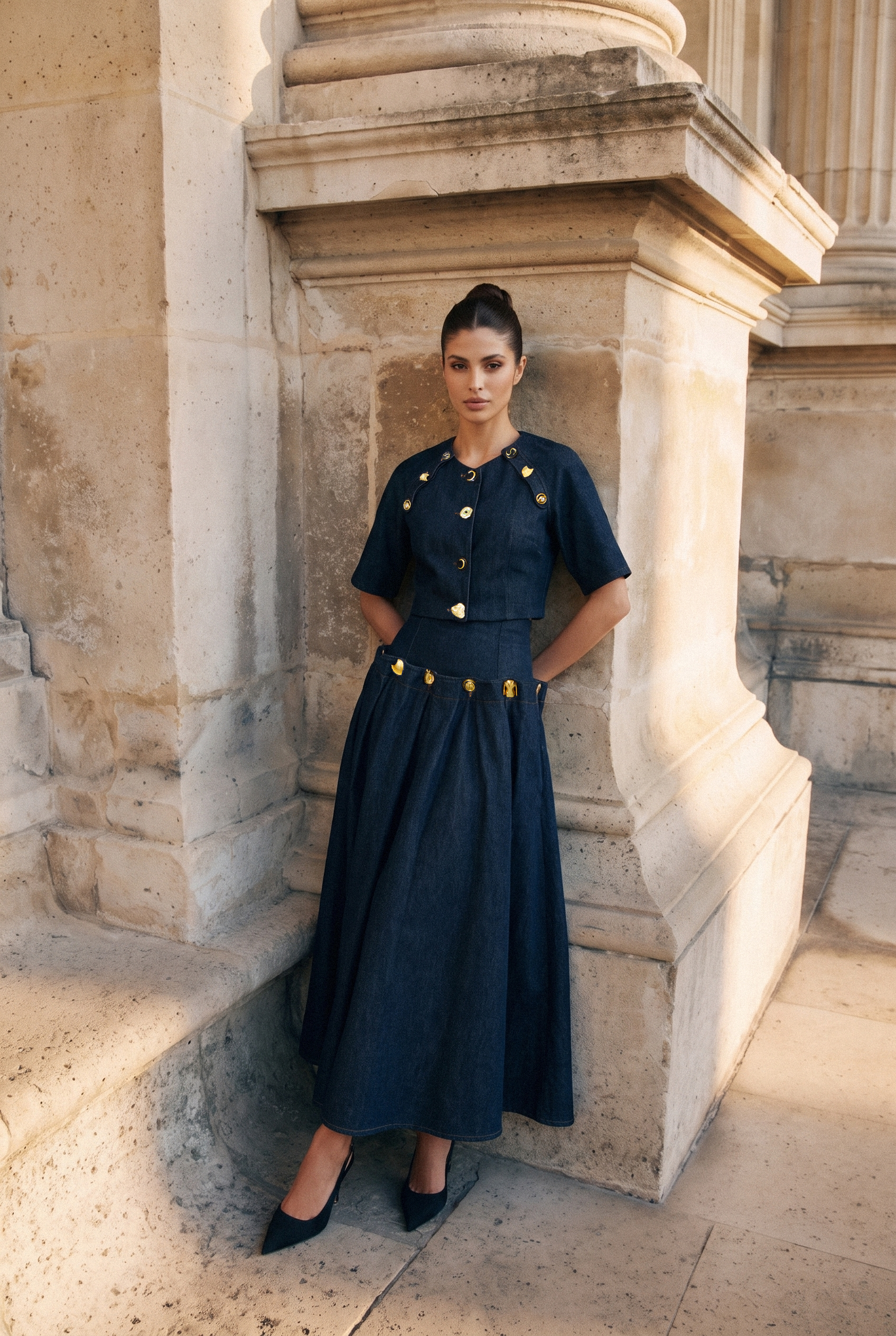 Living the Moment Blue Denim Gold Button Crop Top & Skirt Set