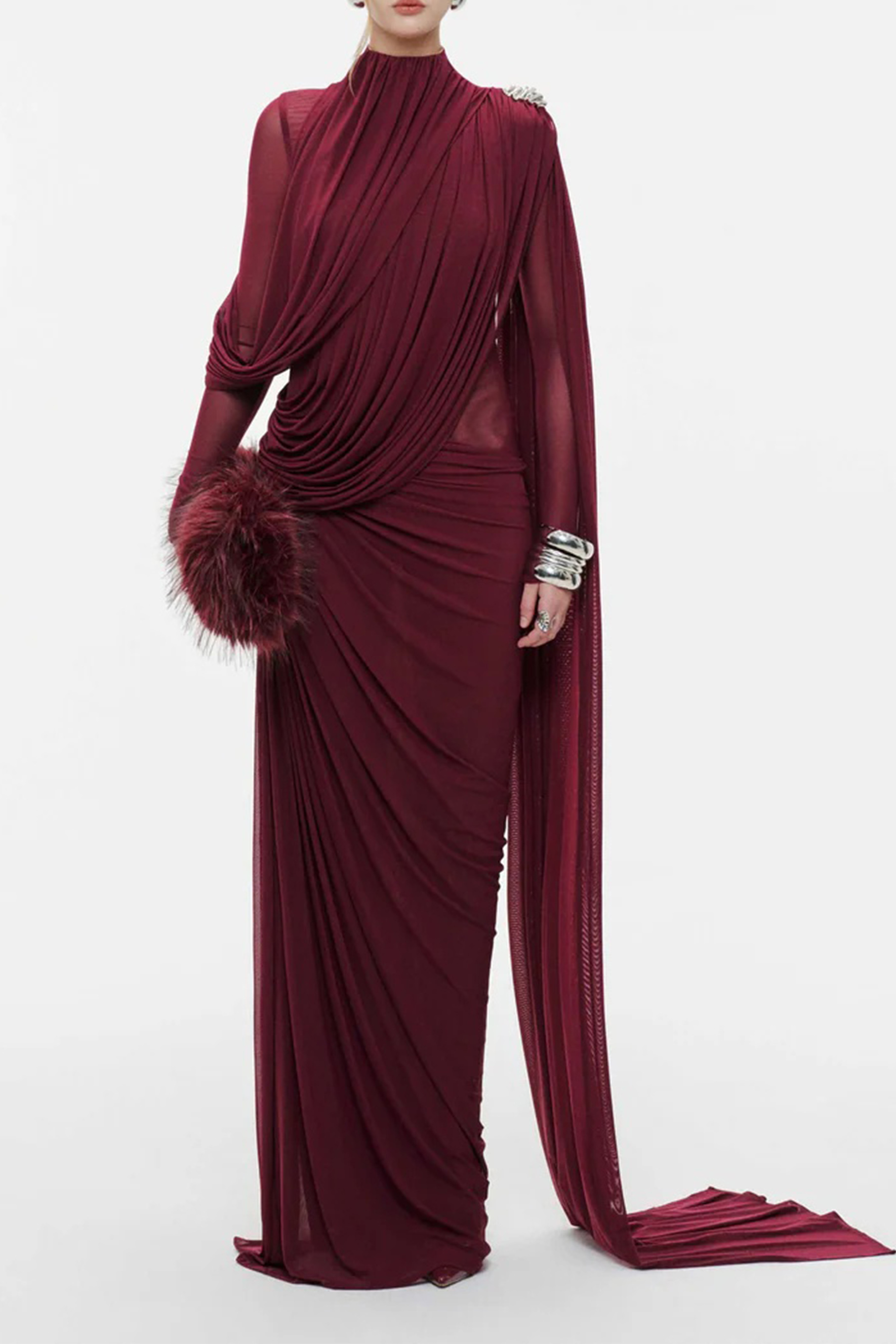 Gala Ready Burgundy Asymmetric Draped Cape Maxi Dress