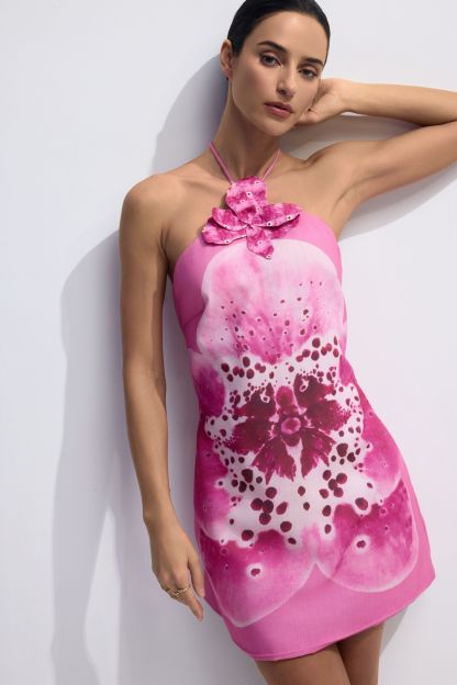 Veronica Floral Applique Halter Mini Dress