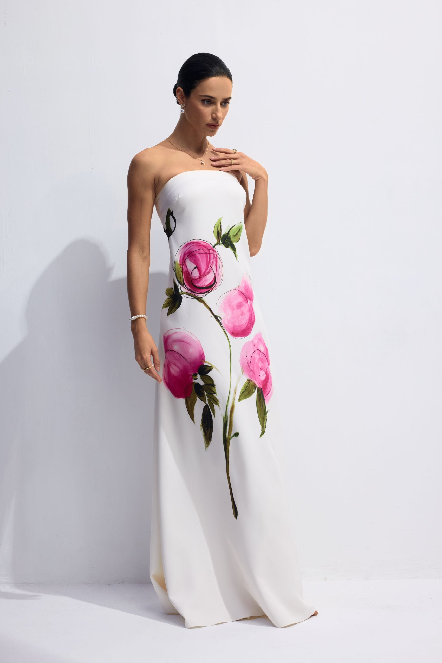 Dorothy Floral Print Strapless Satin Maxi Dress