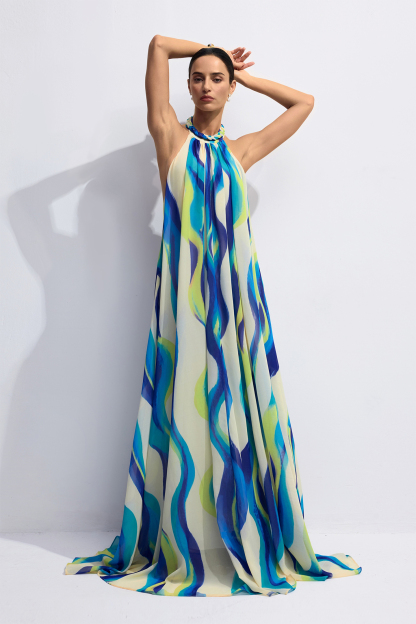 Sylvia Halter Neck Abstract Print Maxi Dress