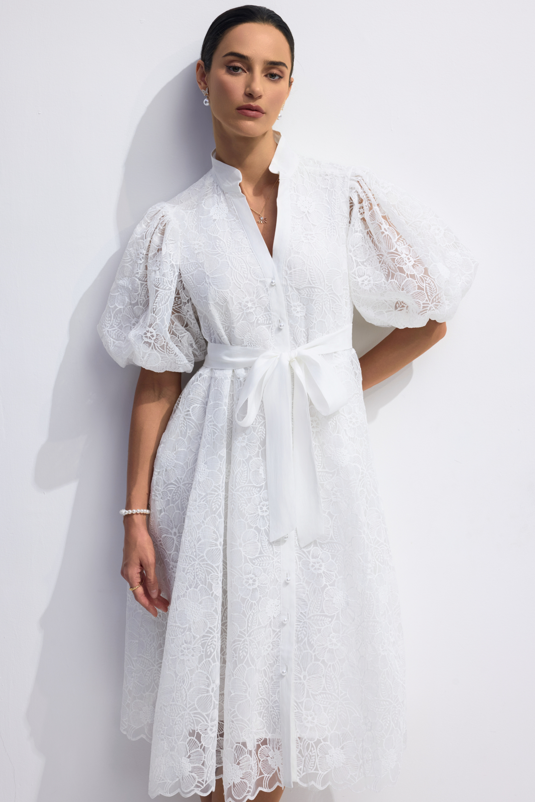 Bertha Floral Embroidered Lace Belted Mini Dress