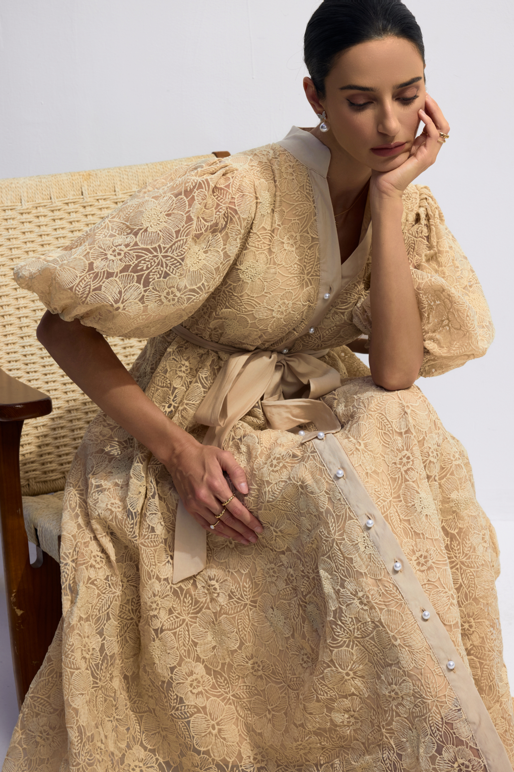 Diana Floral Embroidered Lace Belted Midi Dress