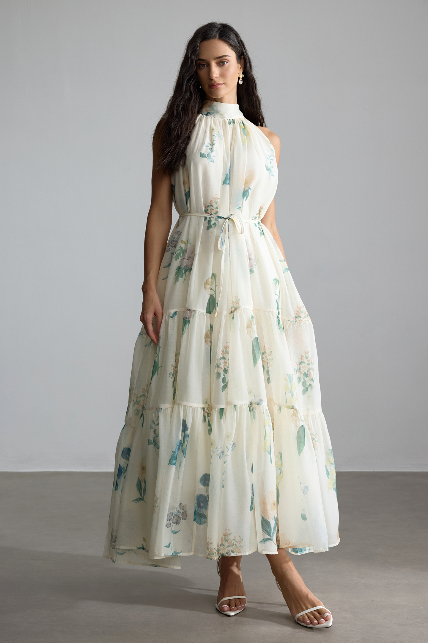 Harley Floral Halter Maxi Dress | White Print Romance - sunfere