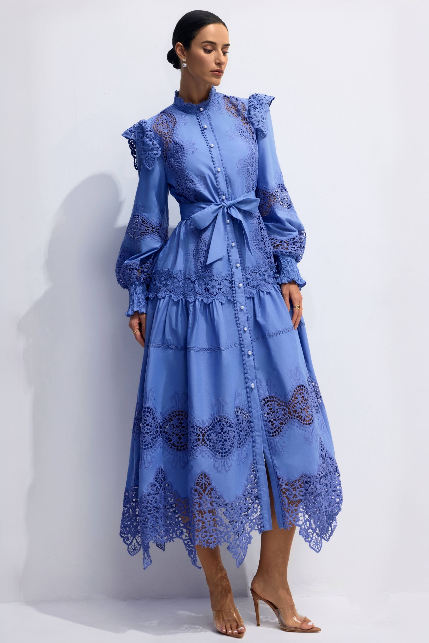 Vestido Midi de Manga Larga de Encaje Bordado Alina Vestidos de