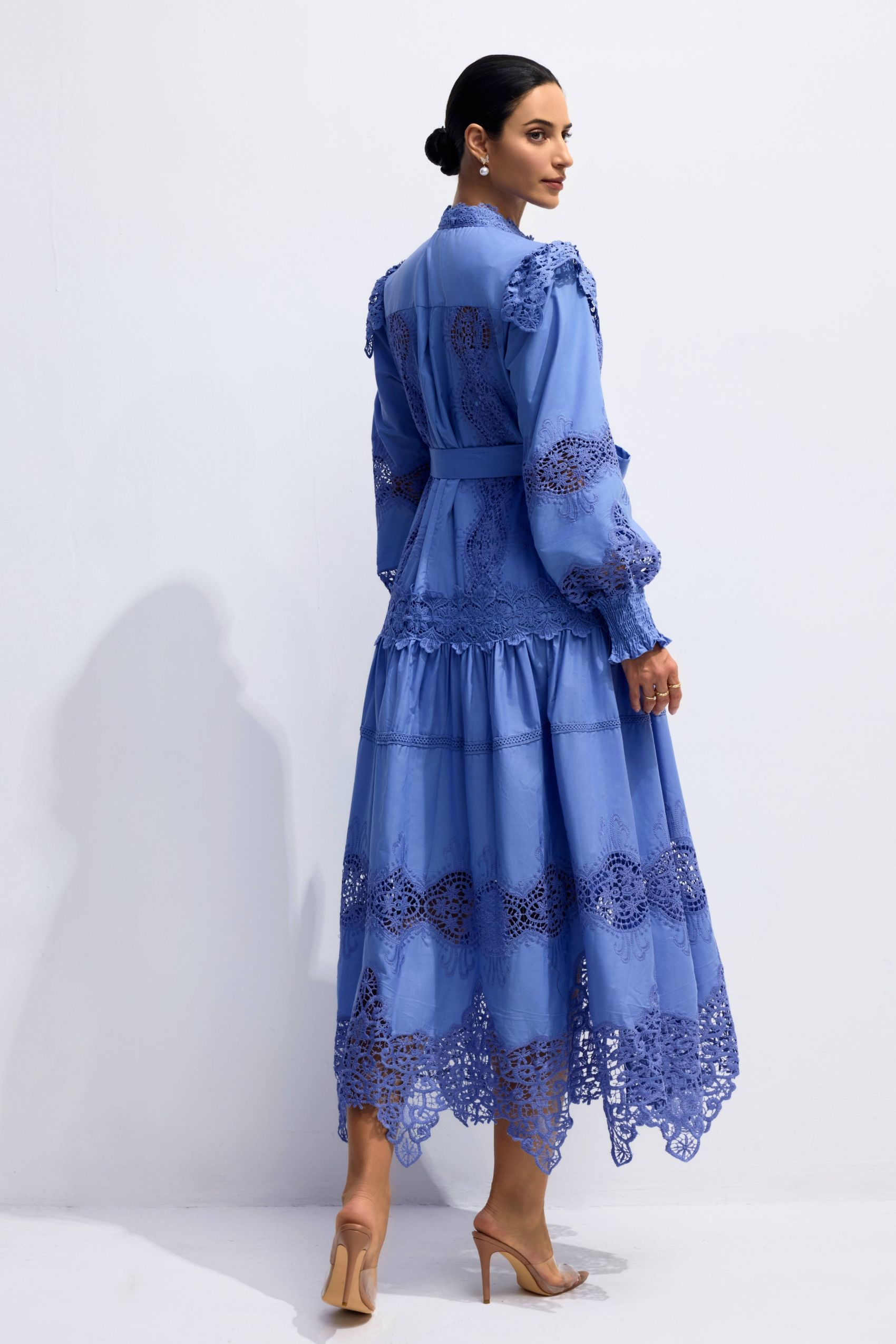 알리나 자수 레이스 긴 소매 미디 드레스 - 세미 포멀 웨딩 게스트 드레스 | sunfere, image size:1700x2550