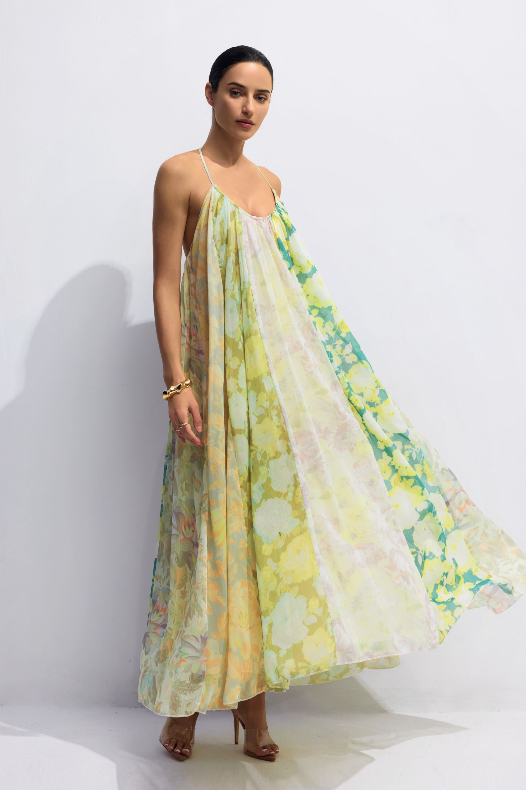 Angelic Patchwork Floral Open Back Maxi Dress