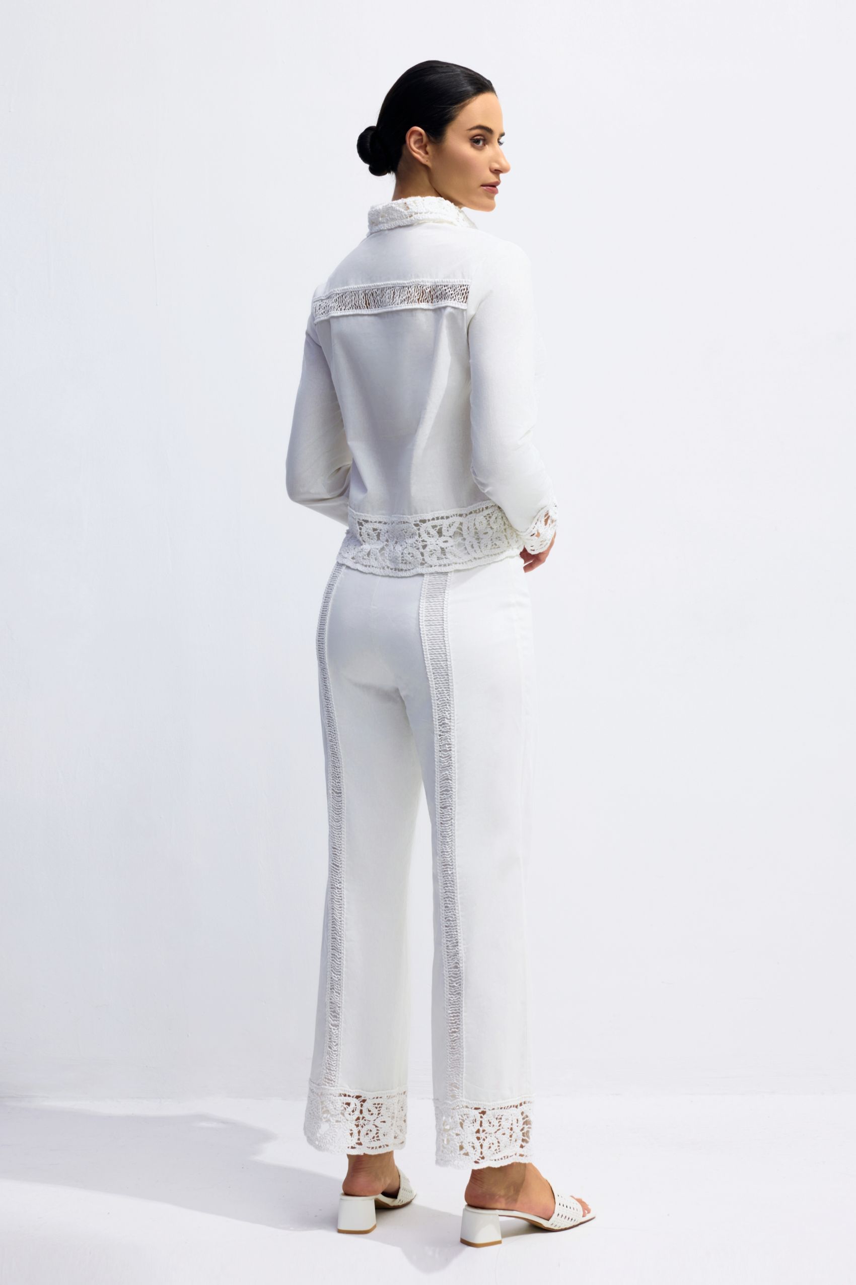 Estelle Lapel Collar Crochet Detail Shirt & Pants Set