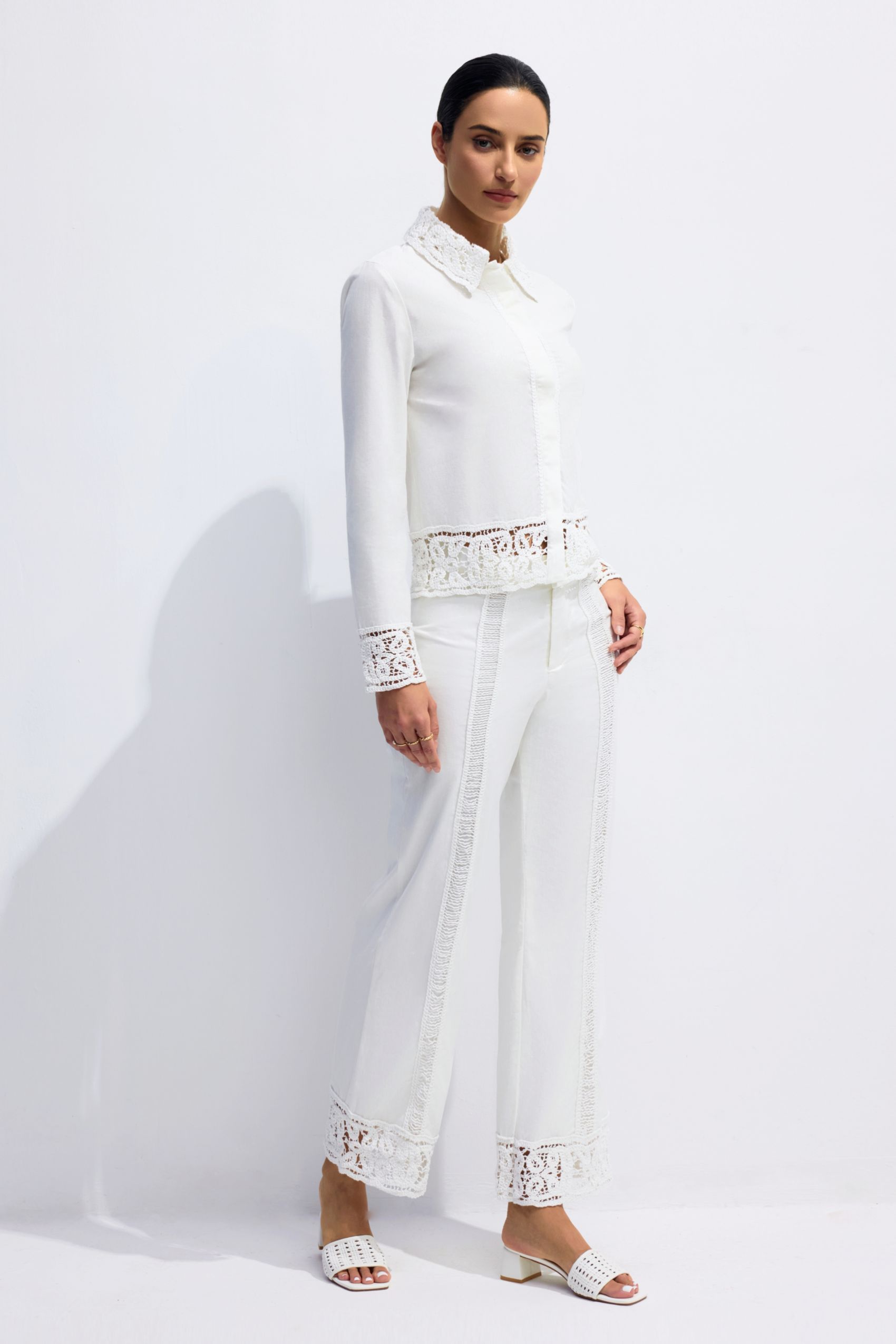 Estelle Lapel Collar Crochet Detail Shirt & Pants Set
