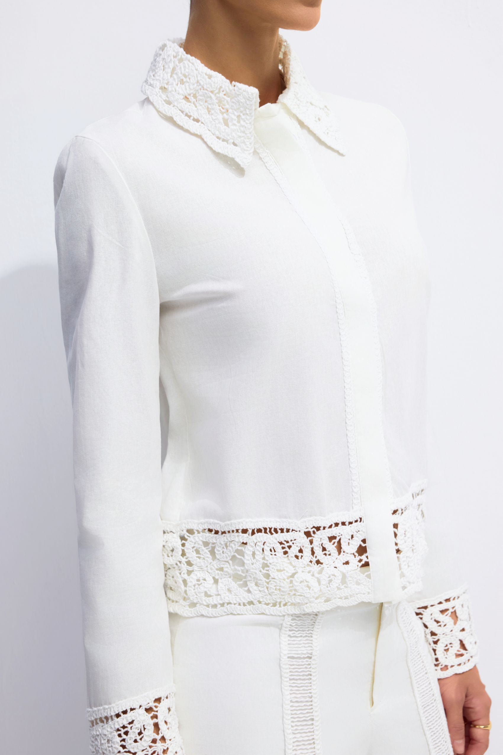 Estelle Lapel Collar Crochet Detail Shirt & Pants Set
