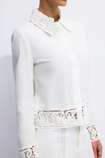 Estelle Lapel Collar Crochet Detail Shirt & Pants Set
