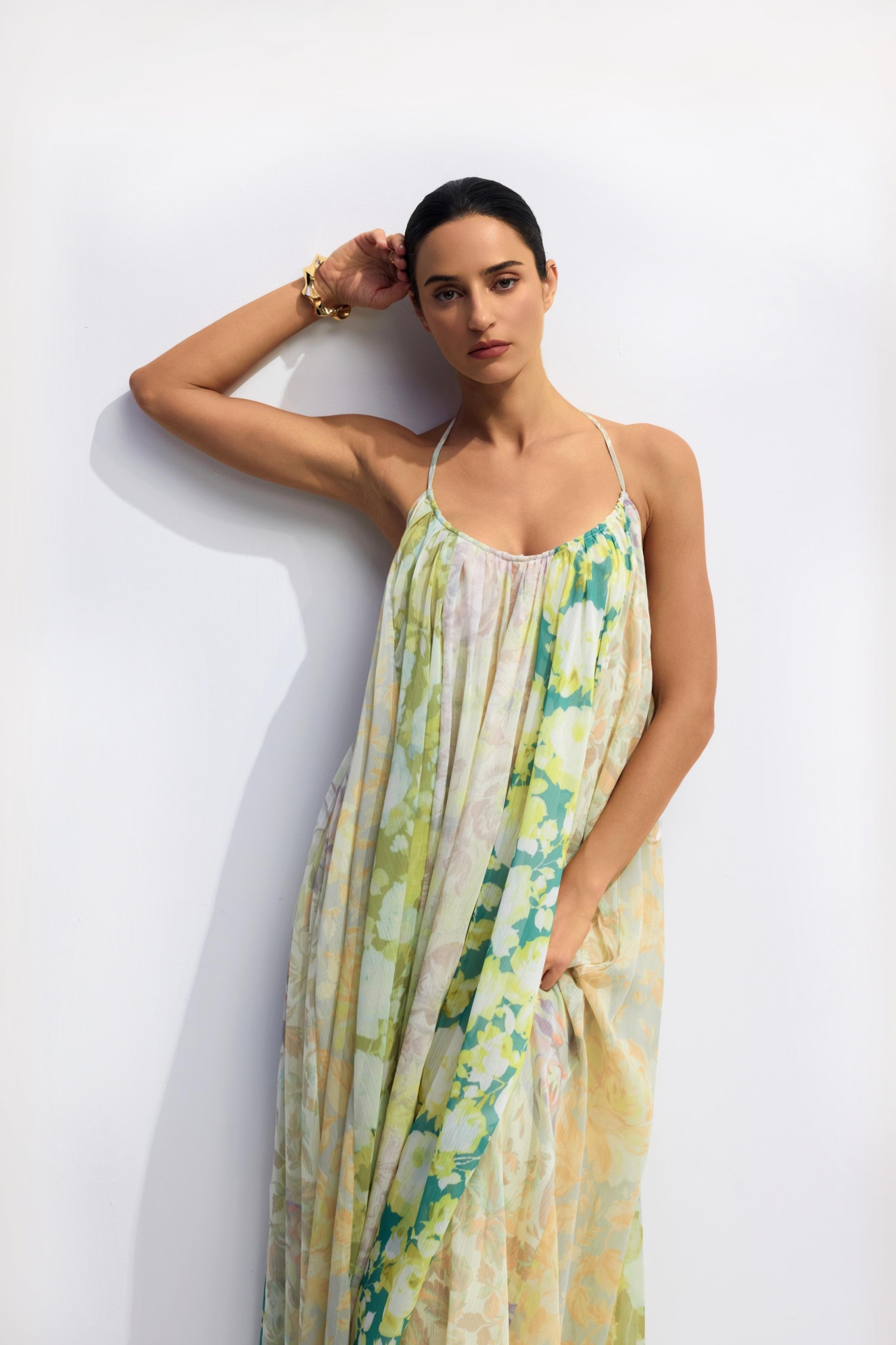 Angelic Patchwork Floral Open Back Maxi Dress