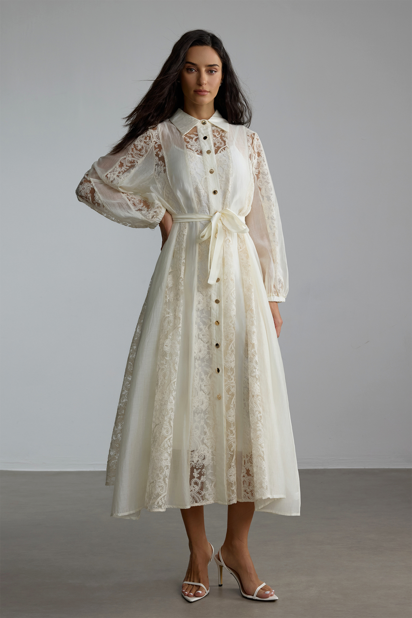 Serena Shirt Collar Sheer Lace Midi Dress