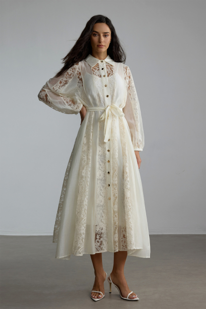 Serena Shirt Collar Sheer Lace Midi Dress