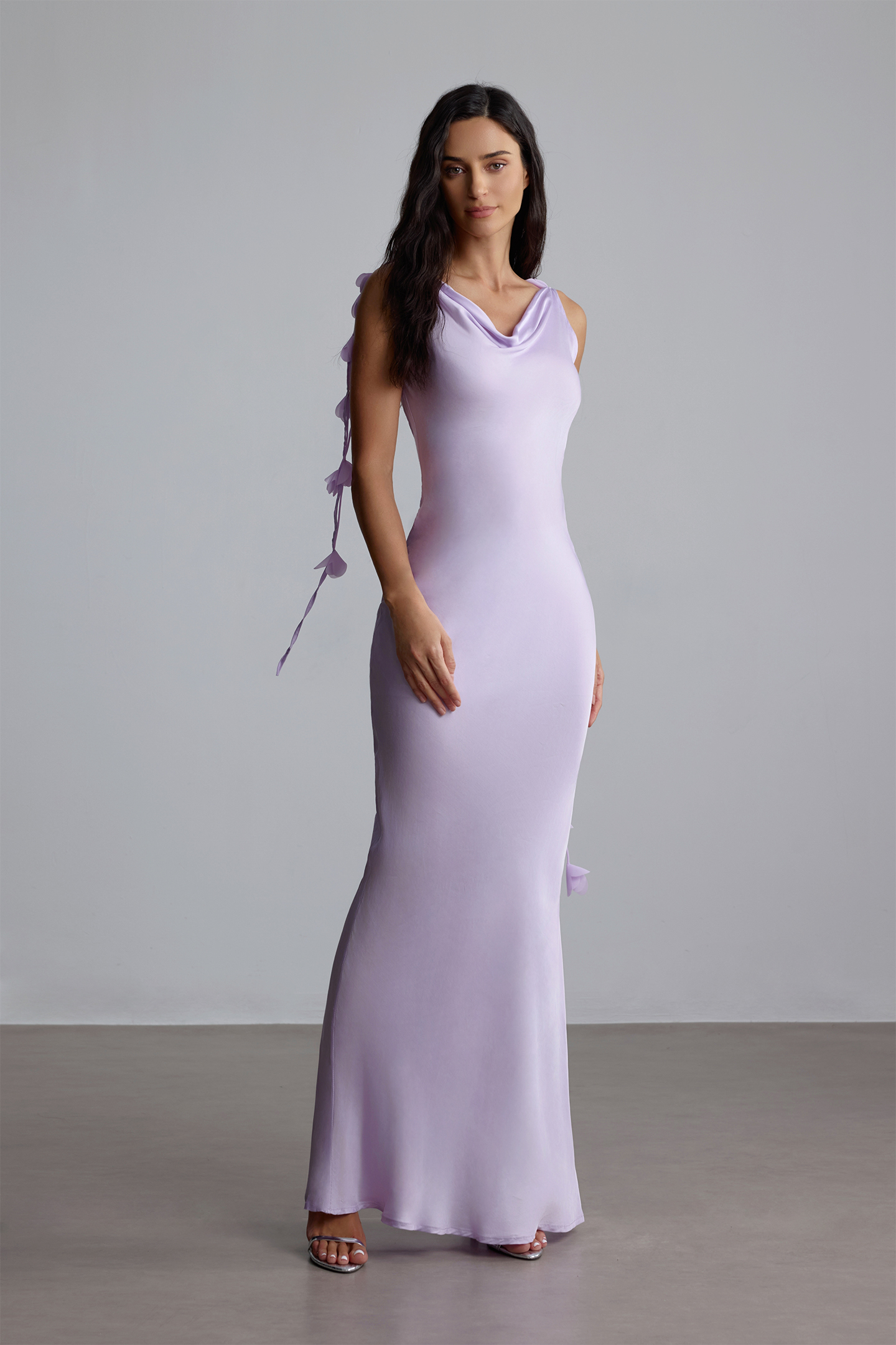 Irene Cowl Neck Floral Satin Maxi Dress