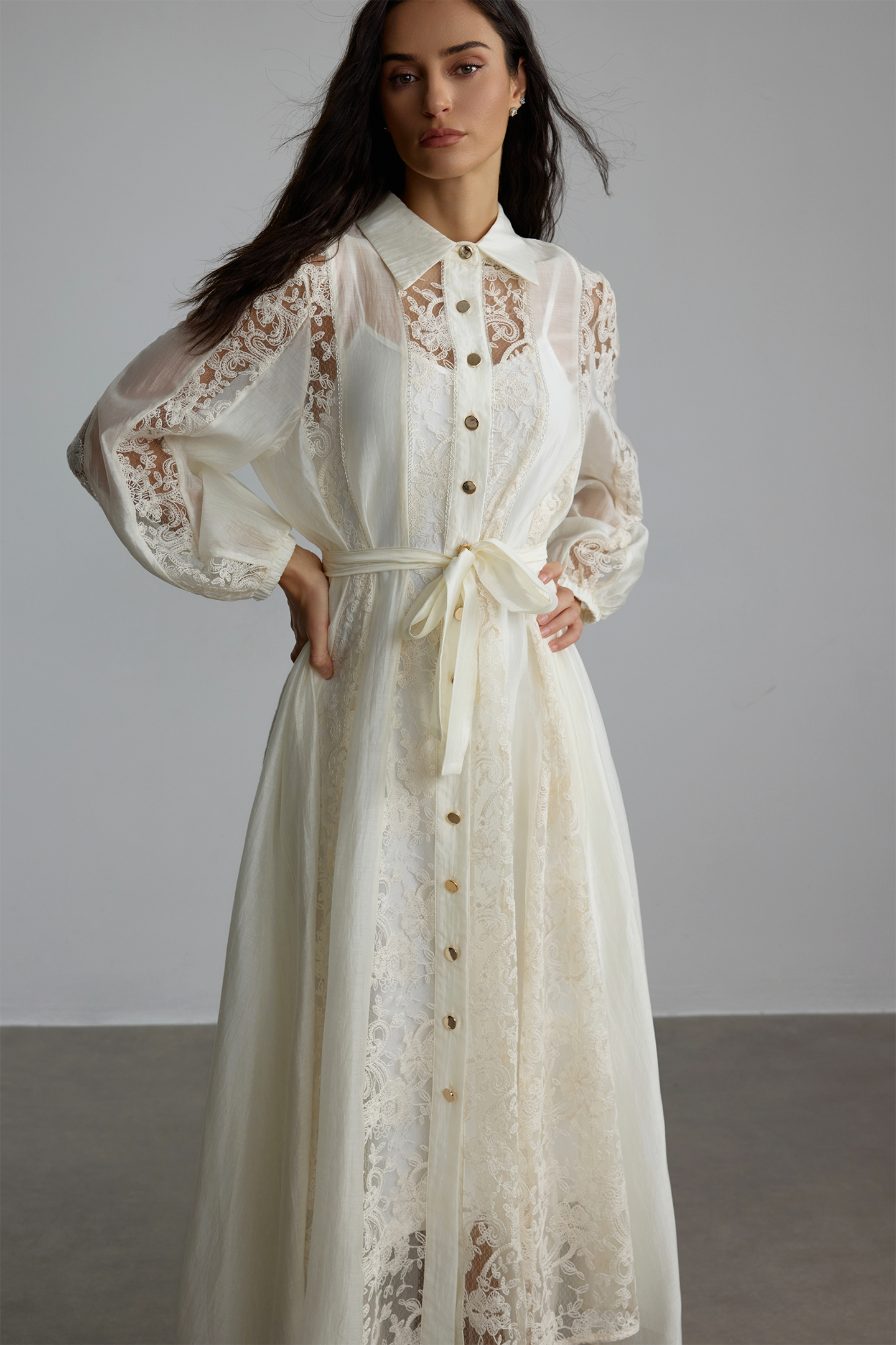 Serena Shirt Collar Sheer Lace Midi Dress