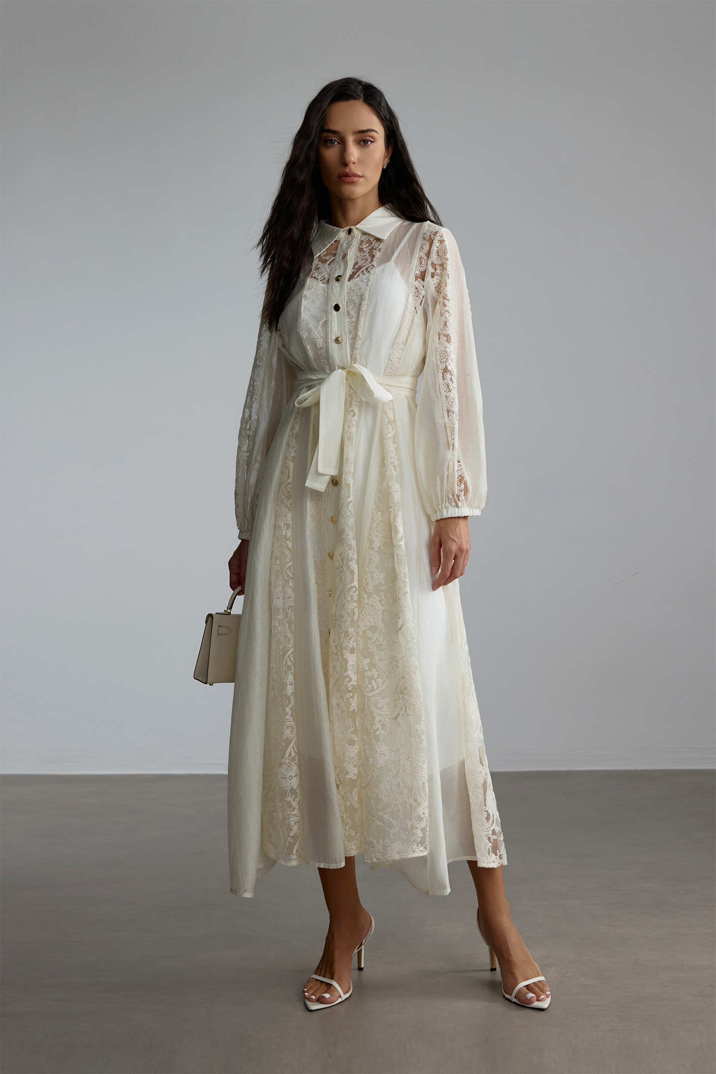 Serena Shirt Collar Sheer Lace Midi Dress