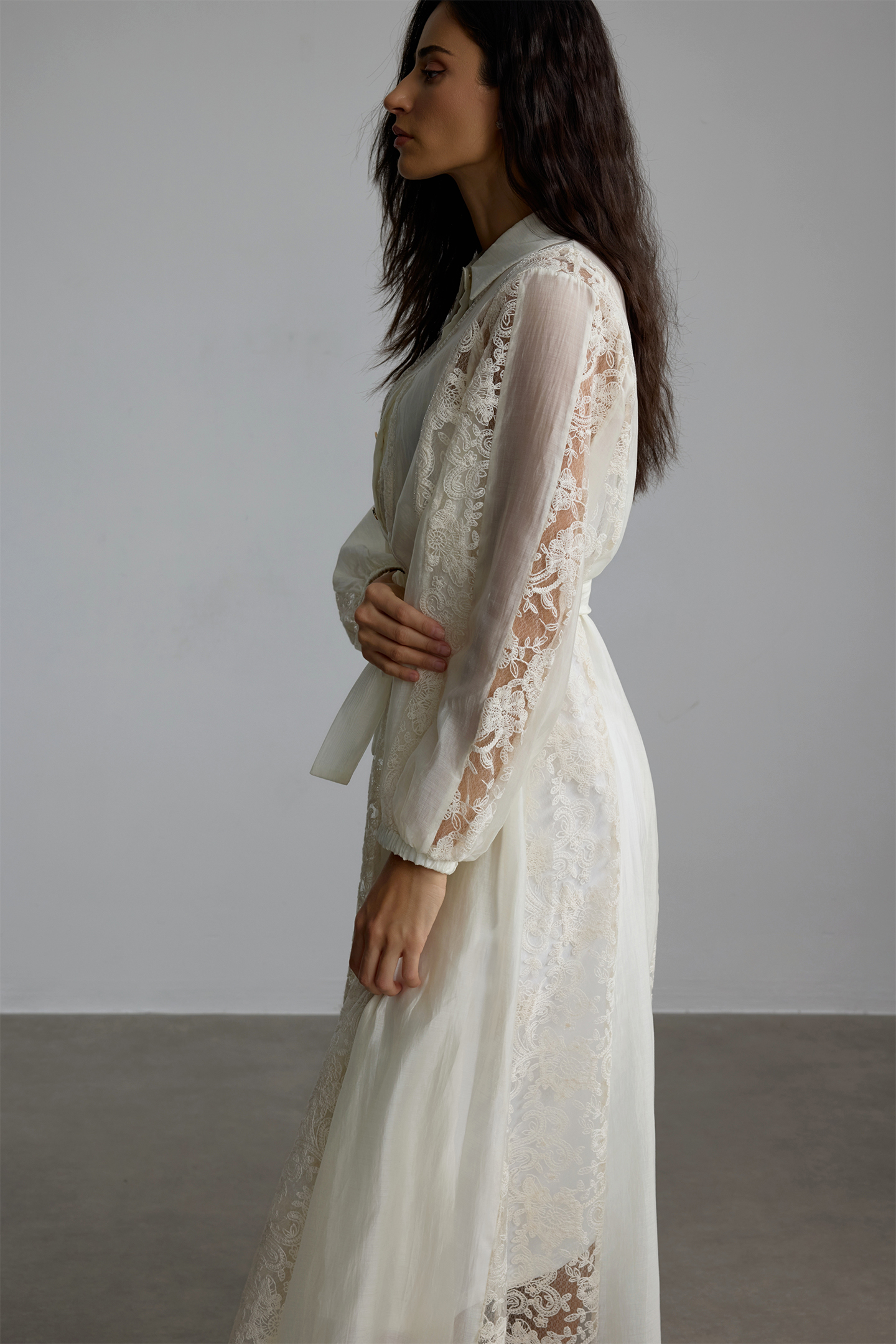 Serena Shirt Collar Sheer Lace Midi Dress