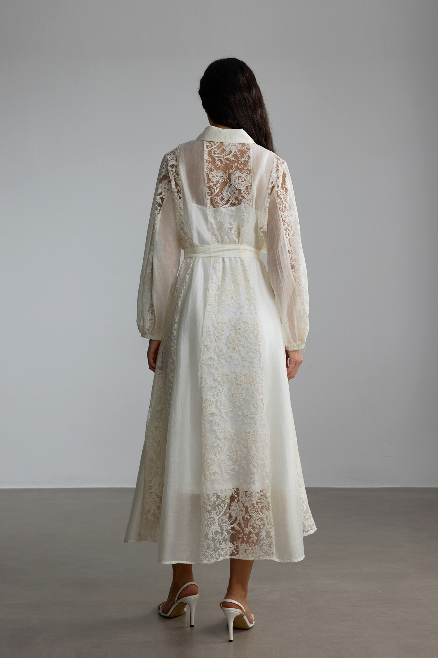 Serena Shirt Collar Sheer Lace Midi Dress