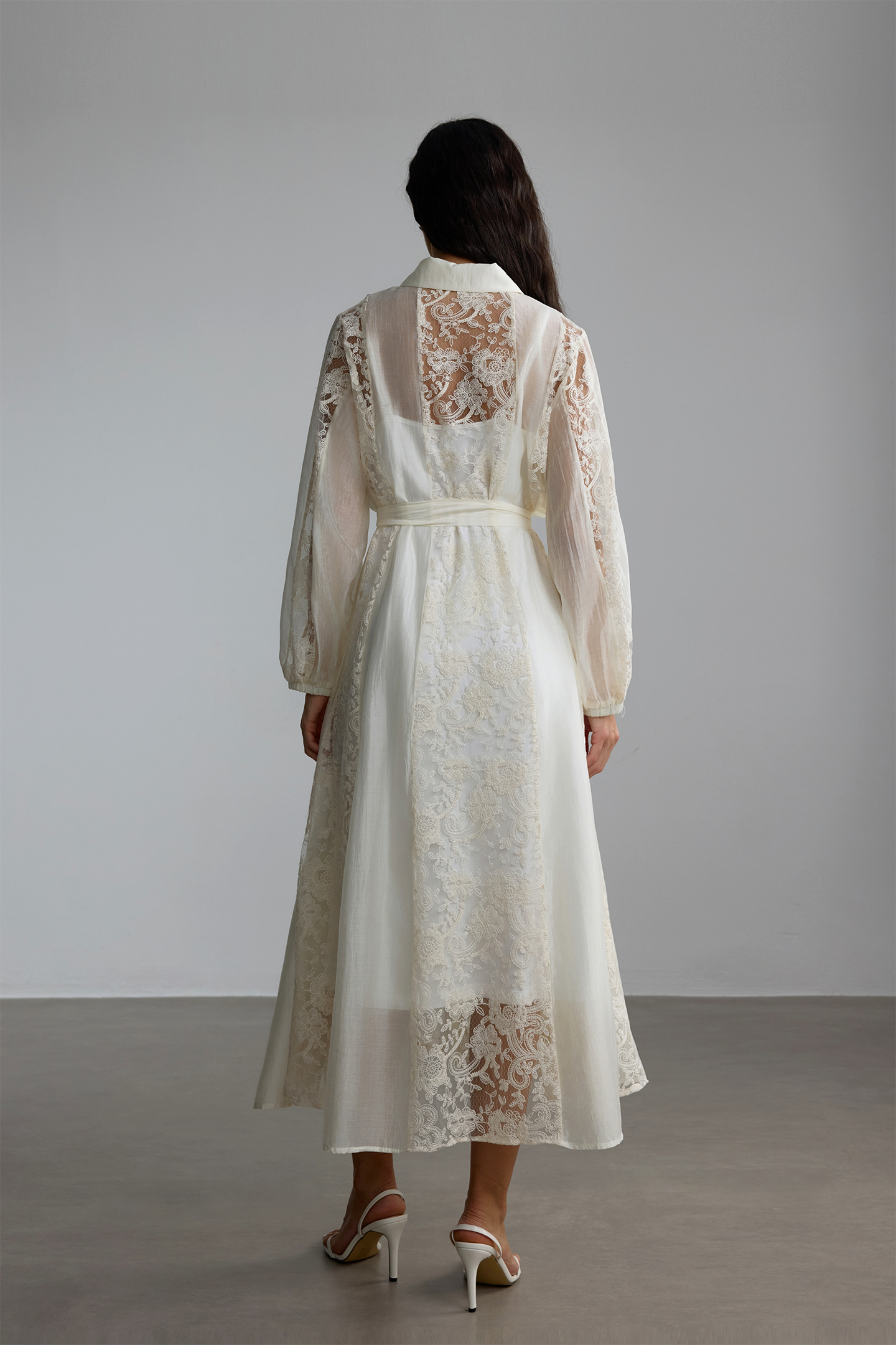 Serena Shirt Collar Sheer Lace Midi Dress