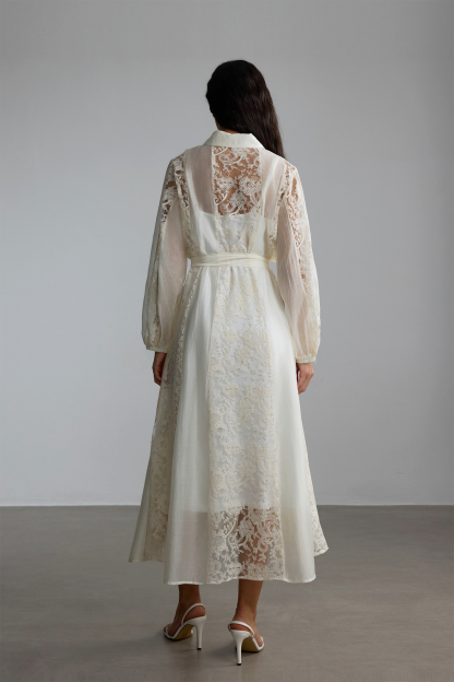 Serena Shirt Collar Sheer Lace Midi Dress