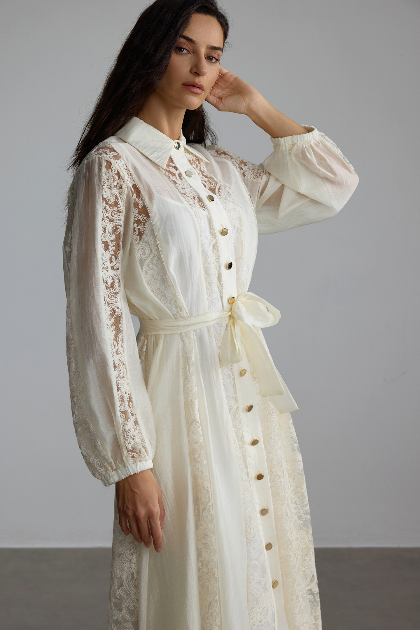 Serena Shirt Collar Sheer Lace Midi Dress