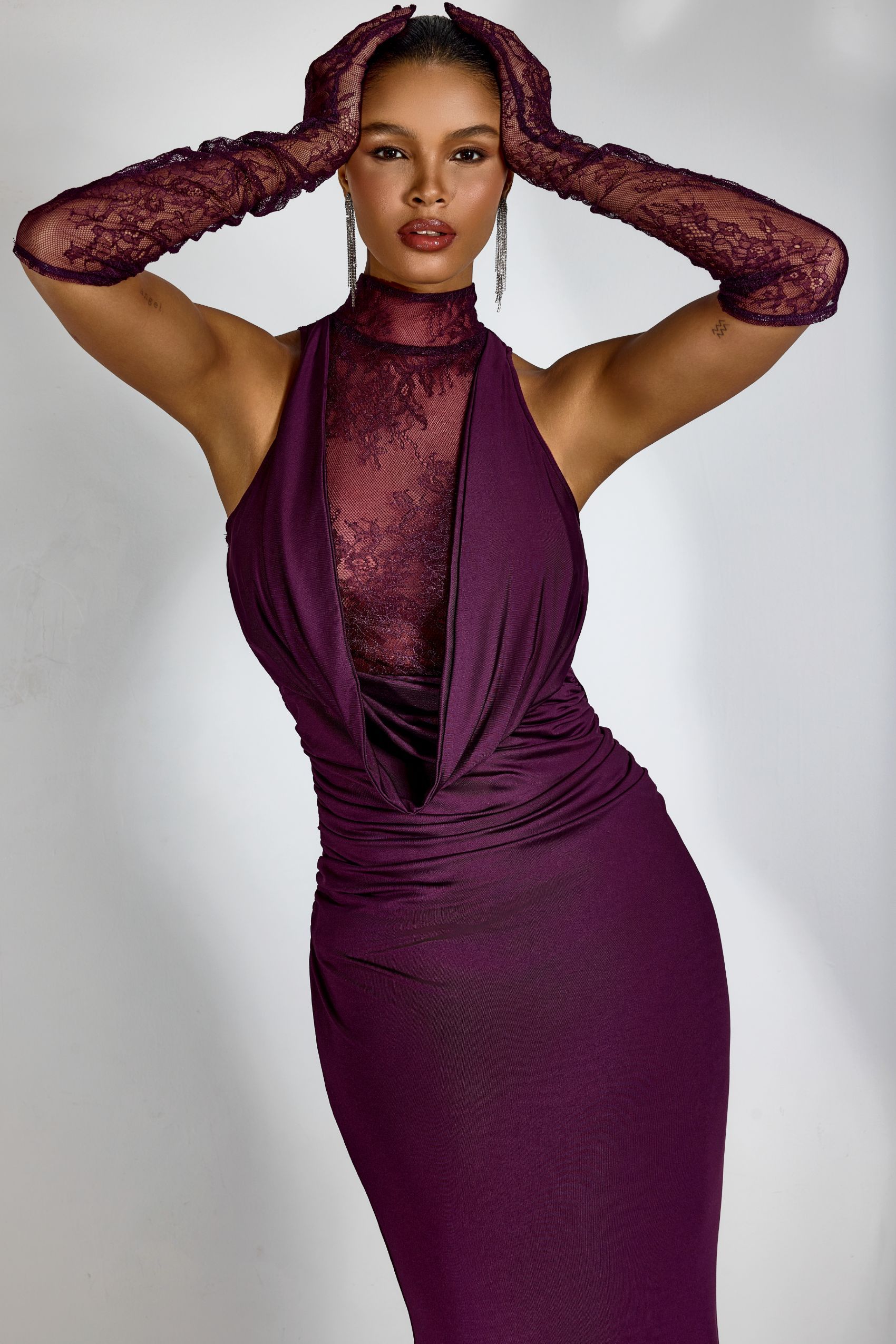 Evelyn Plunging Cowl Lace Bodice Maxi Dress