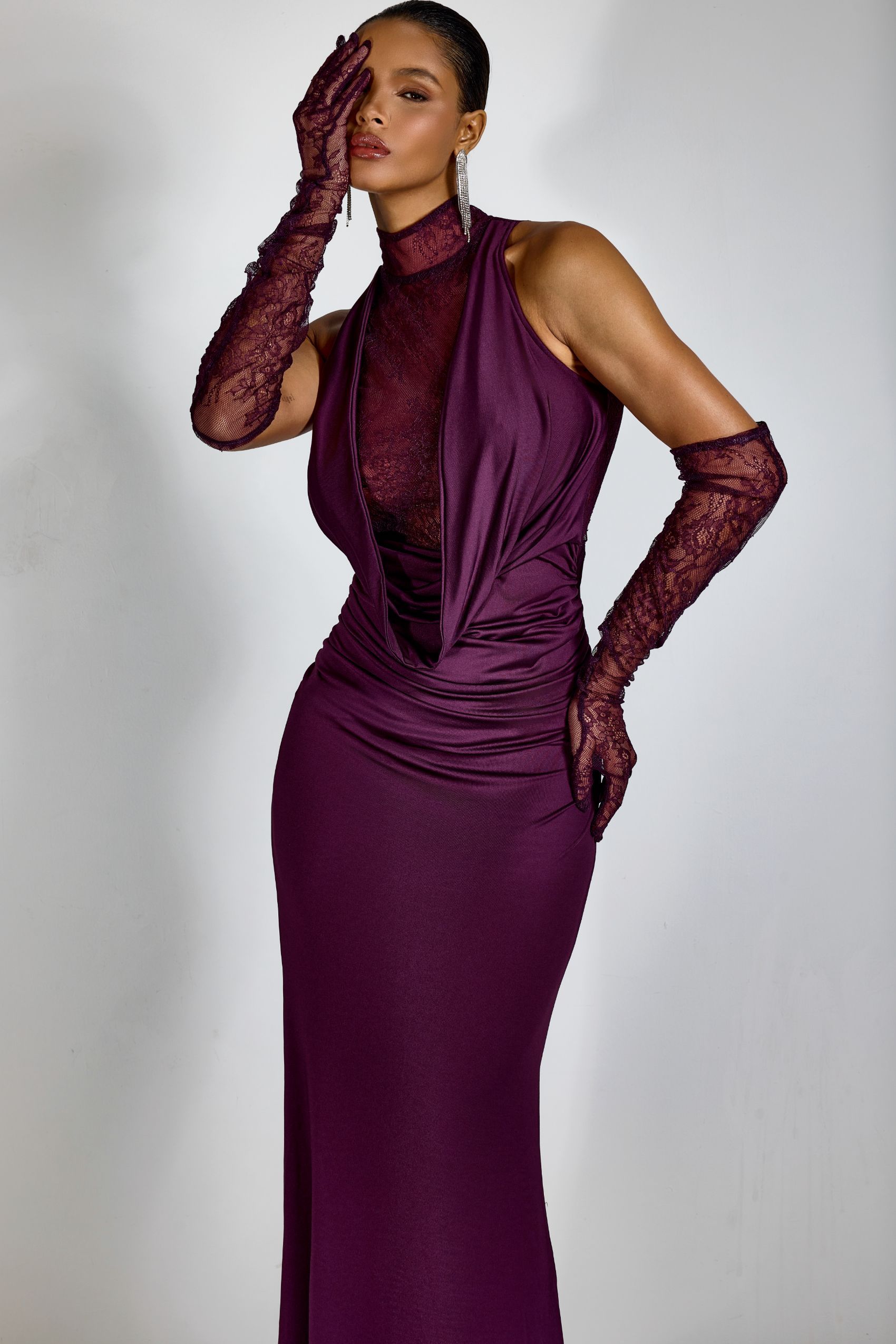 Evelyn Plunging Cowl Lace Bodice Maxi Dress