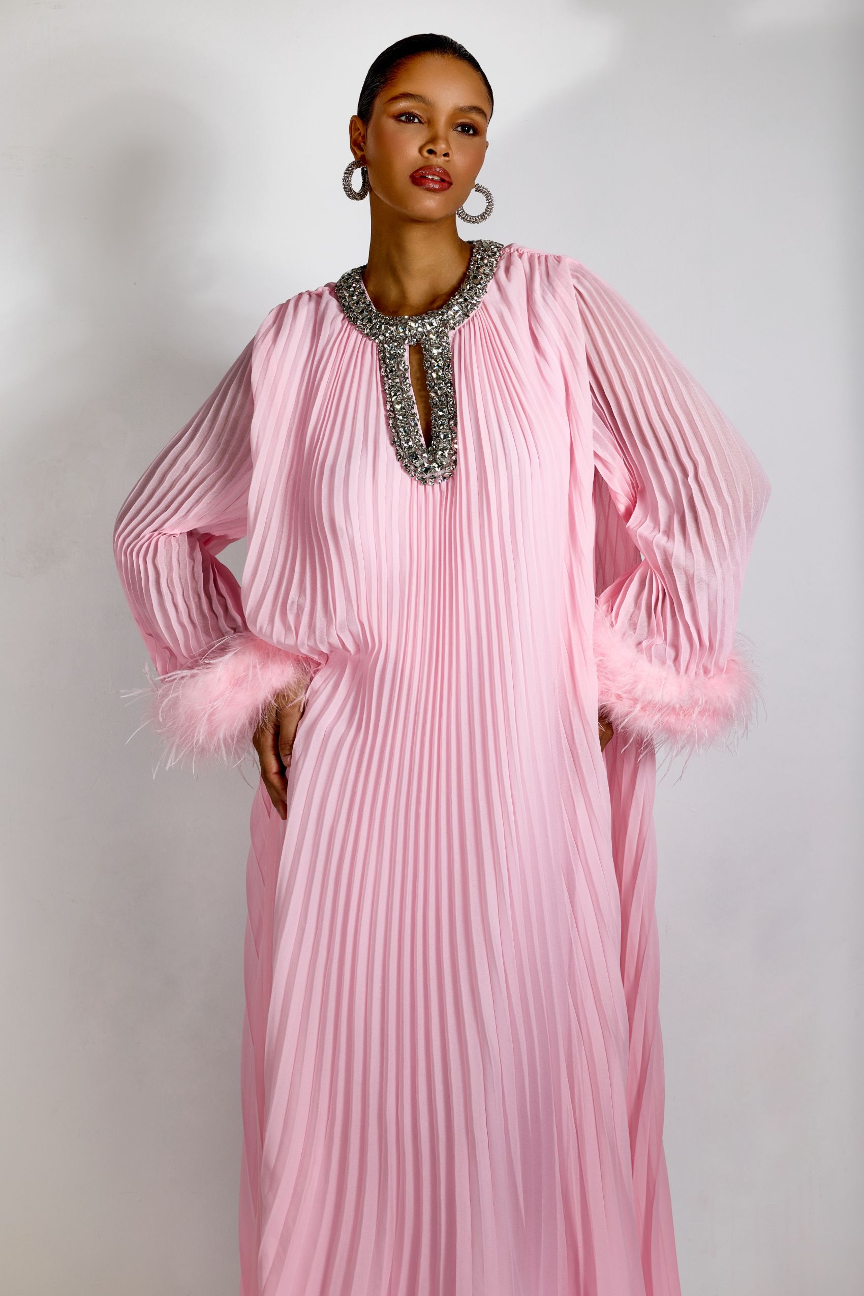 Yvonne Diamante Feathered Pleated Maxi Chiffon Dress