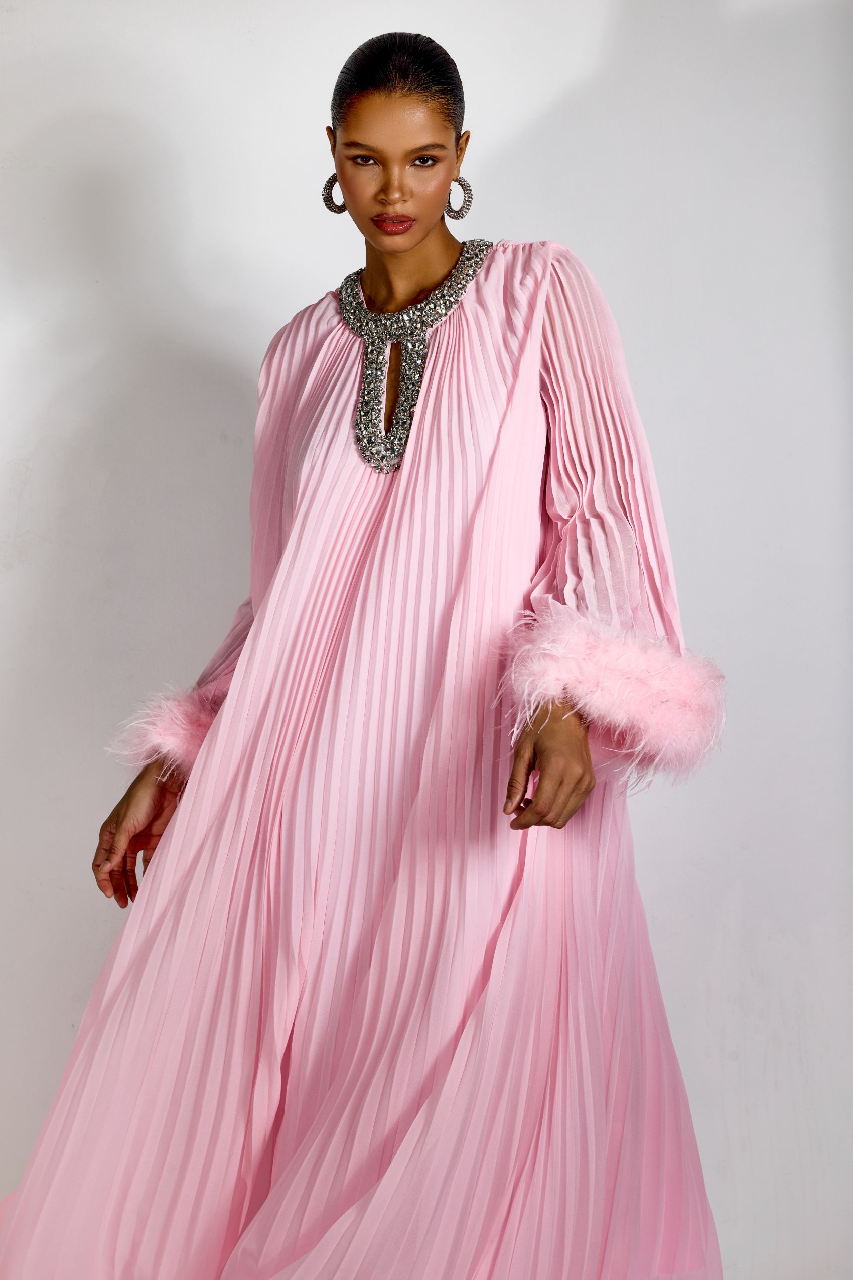 Yvonne Diamante Feathered Pleated Maxi Chiffon Dress