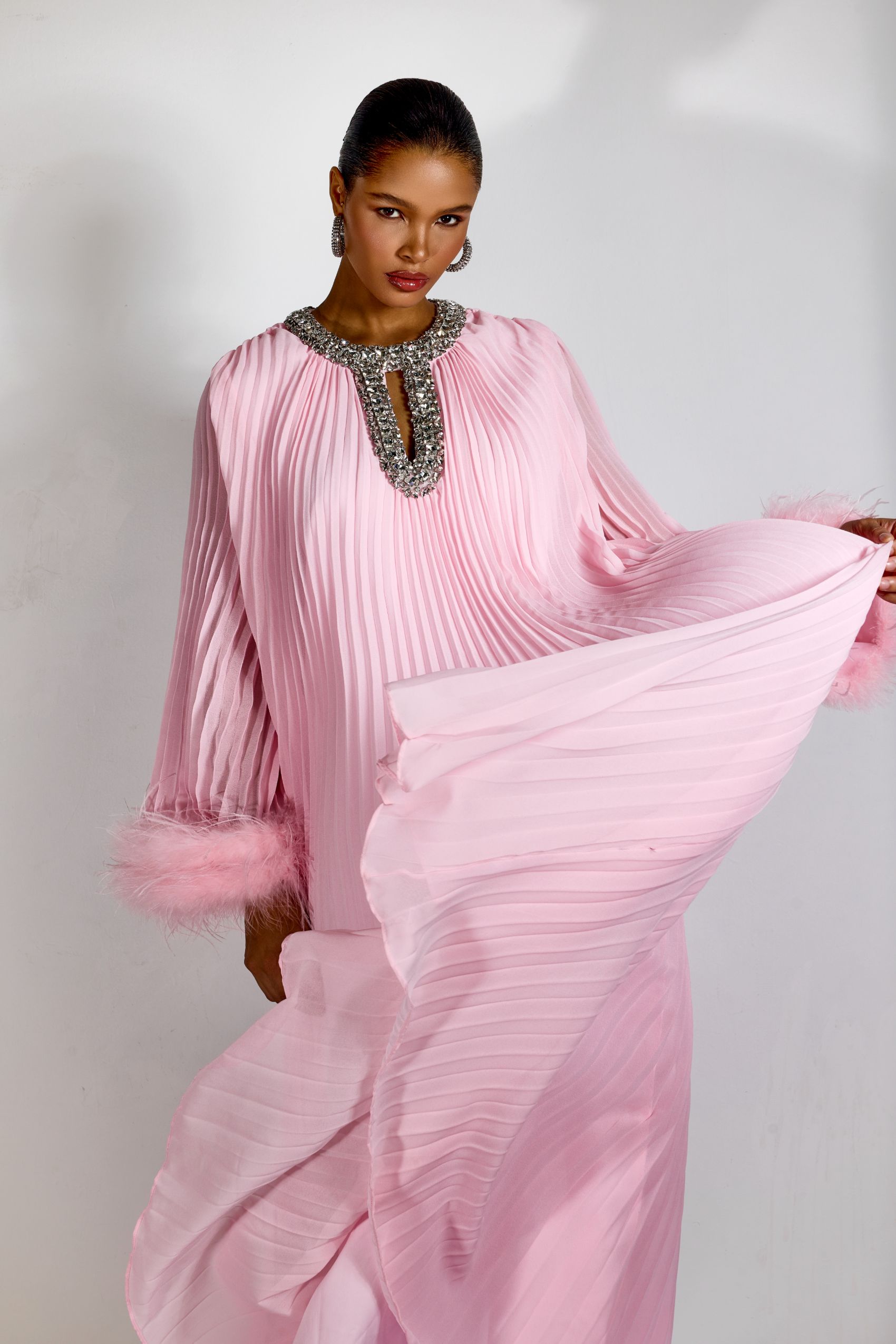 Yvonne Diamante Feathered Pleated Maxi Chiffon Dress