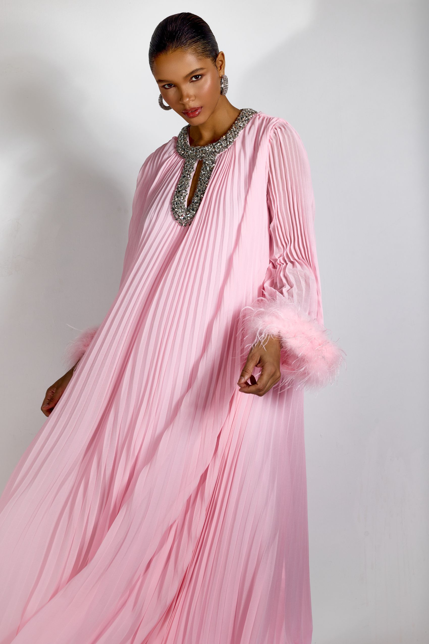 Yvonne Diamante Feathered Pleated Maxi Chiffon Dress