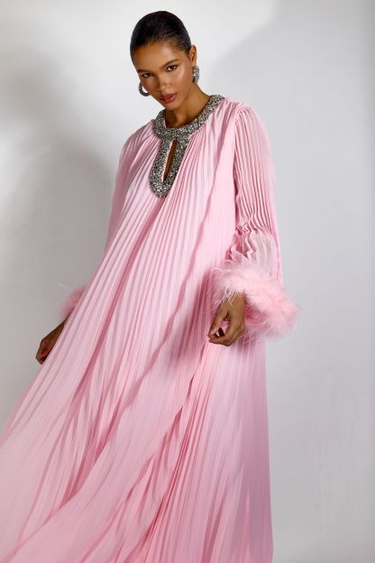 Yvonne Diamante Feathered Pleated Maxi Chiffon Dress