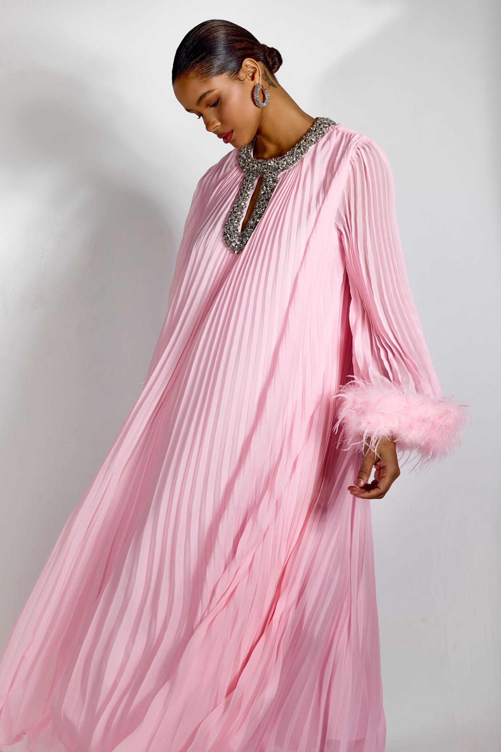 Yvonne Diamante Feathered Pleated Maxi Chiffon Dress