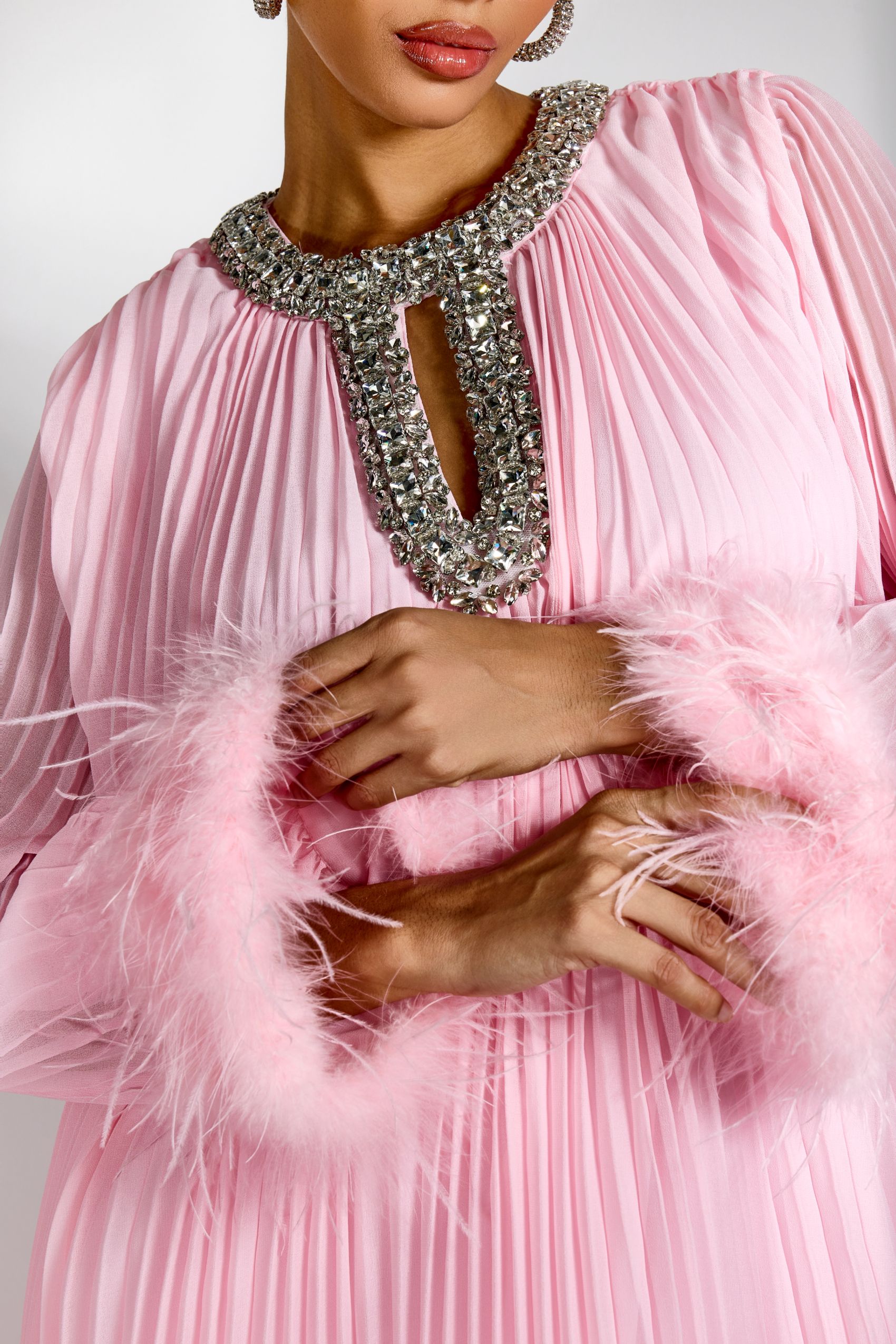 Yvonne Diamante Feathered Pleated Maxi Chiffon Dress